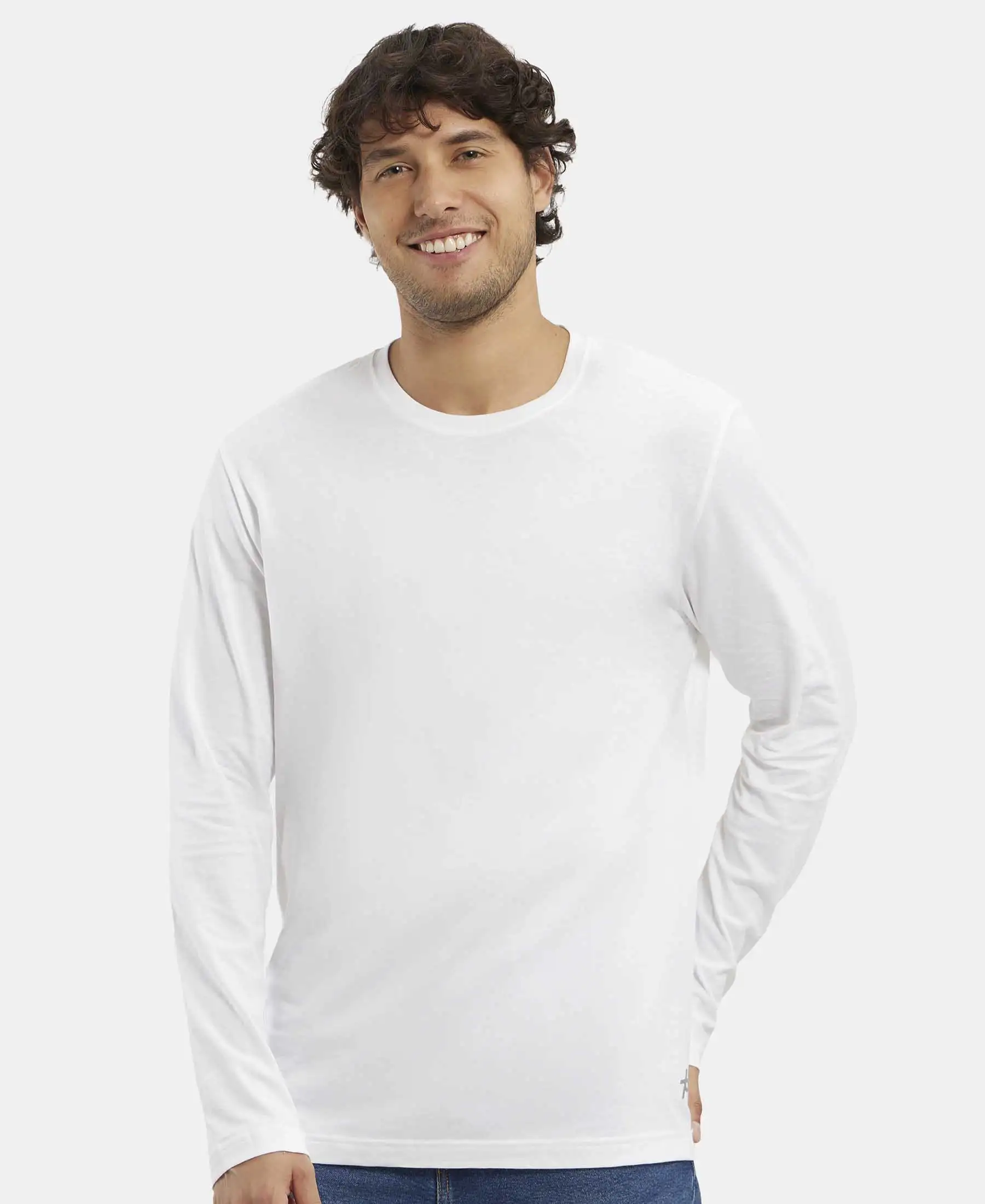 Super Combed Cotton Rich Solid Round Neck Full Sleeve T-Shirt - White - Image 5