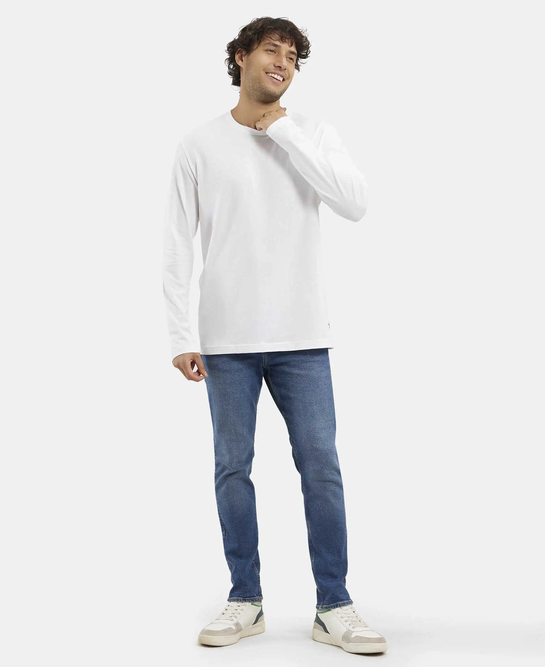 Super Combed Cotton Rich Solid Round Neck Full Sleeve T-Shirt - White - Image 6