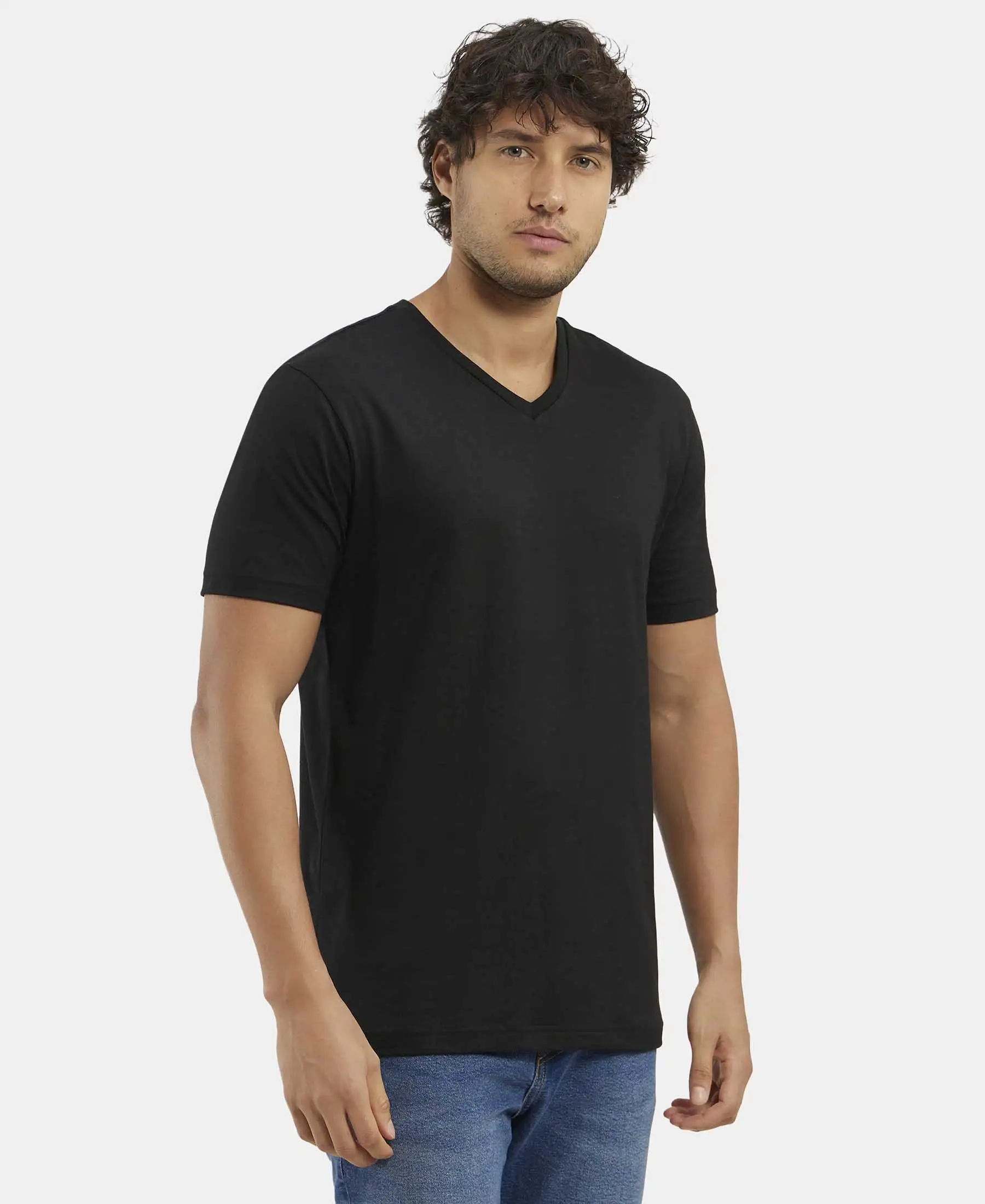Super Combed Cotton Rich Solid V Neck Half Sleeve T-Shirt  - Black - Image 2