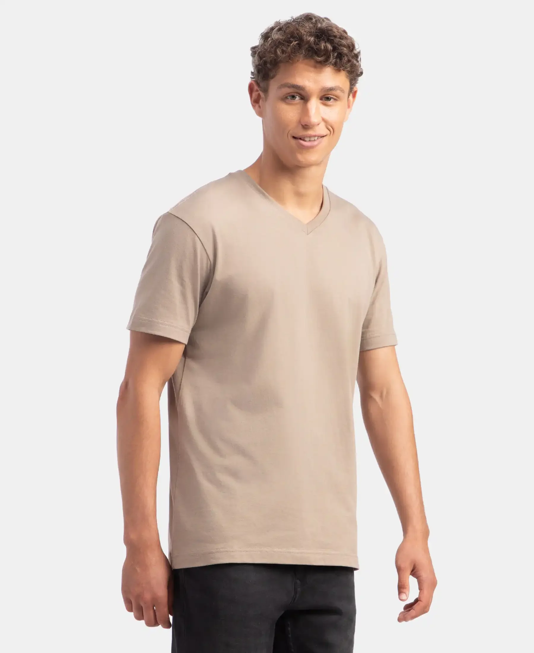 Super Combed Cotton Rich Solid V Neck Half Sleeve T-Shirt - Desert Taupe - Image 2