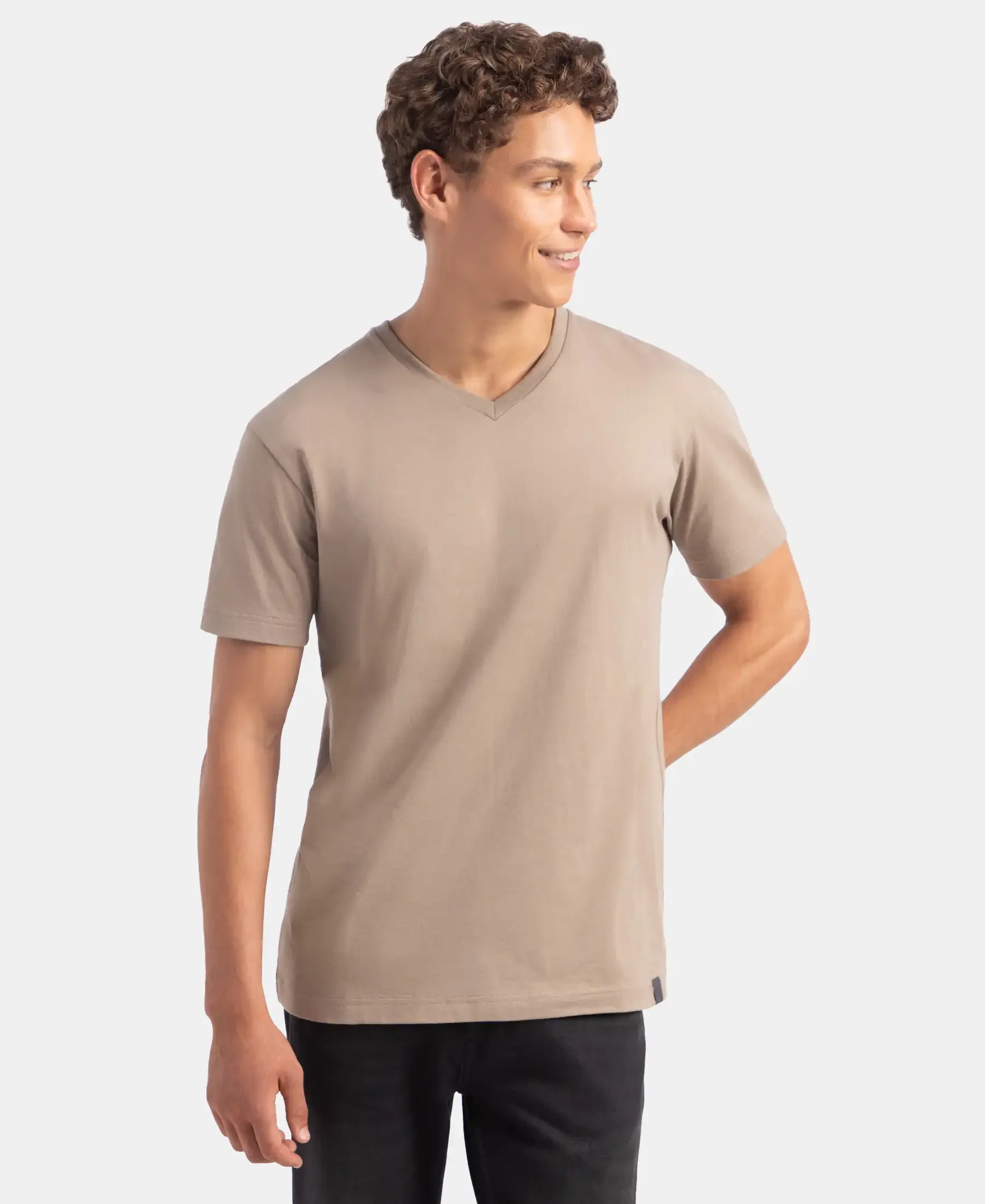 Super Combed Cotton Rich Solid V Neck Half Sleeve T-Shirt - Desert Taupe - Image 5
