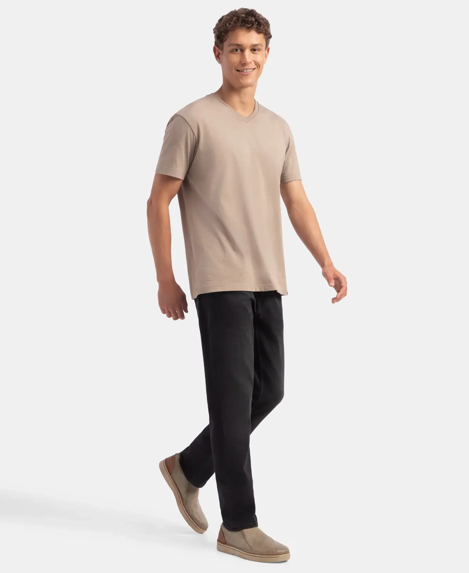 Super Combed Cotton Rich Solid V Neck Half Sleeve T-Shirt - Desert Taupe - Image 6