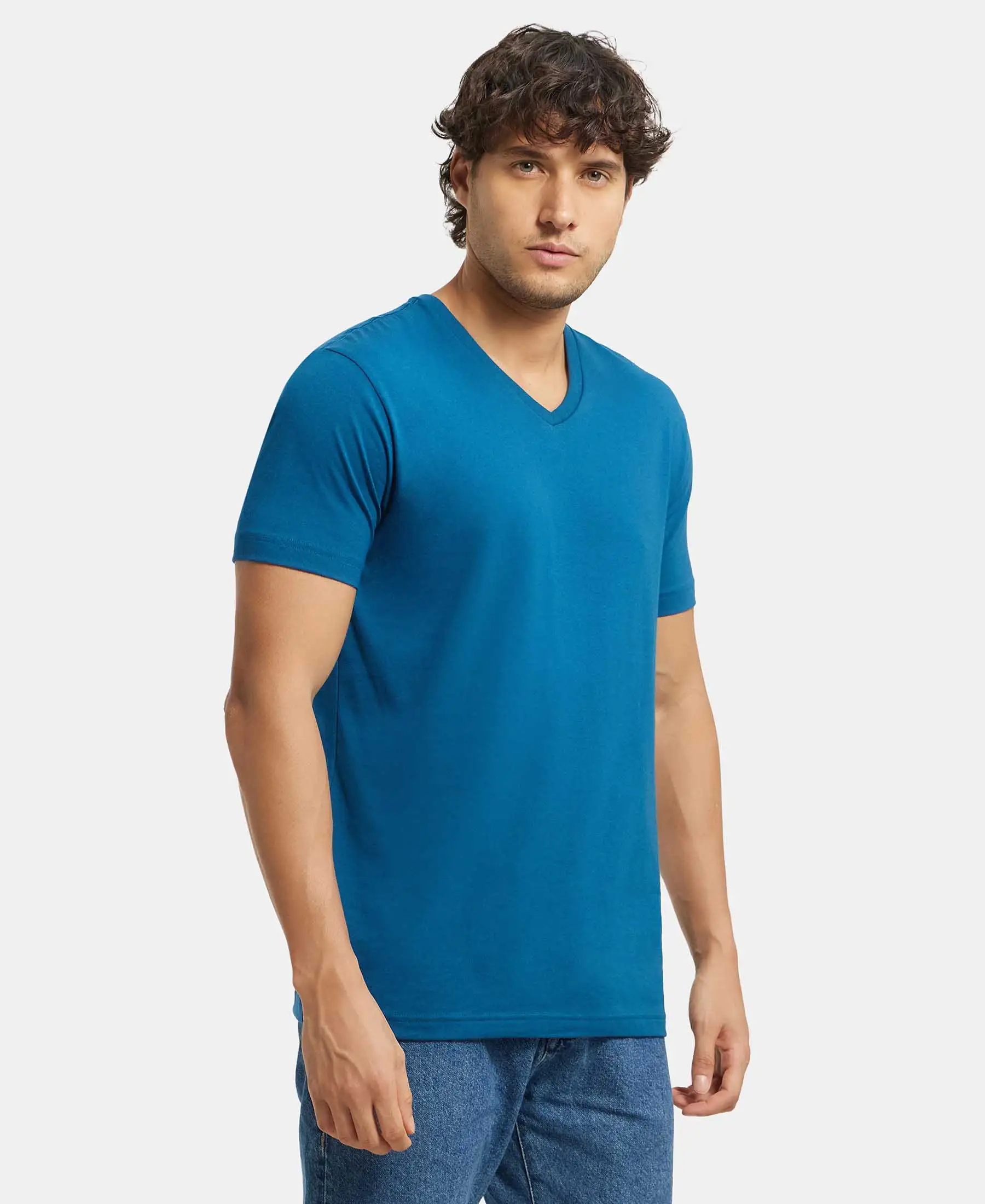 Super Combed Cotton Rich Solid V Neck Half Sleeve T-Shirt - Seaport Teal - Image 2