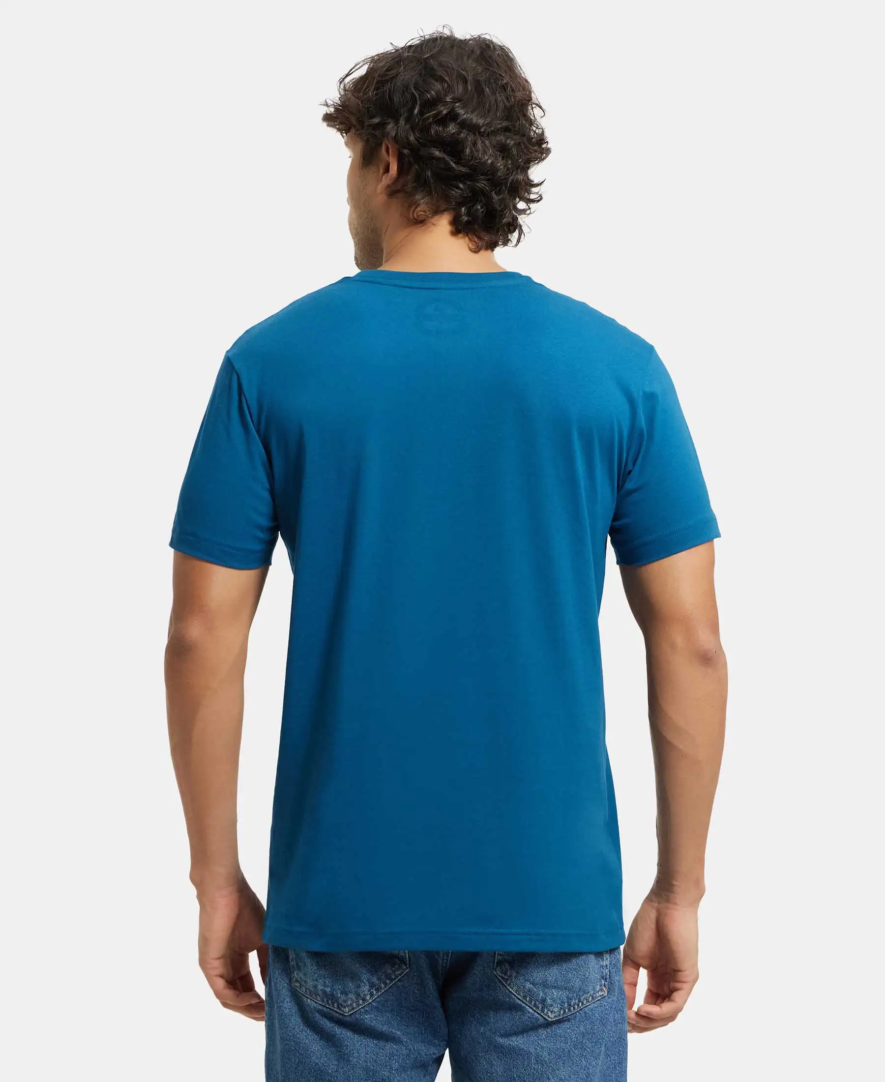 Super Combed Cotton Rich Solid V Neck Half Sleeve T-Shirt - Seaport Teal - Image 3