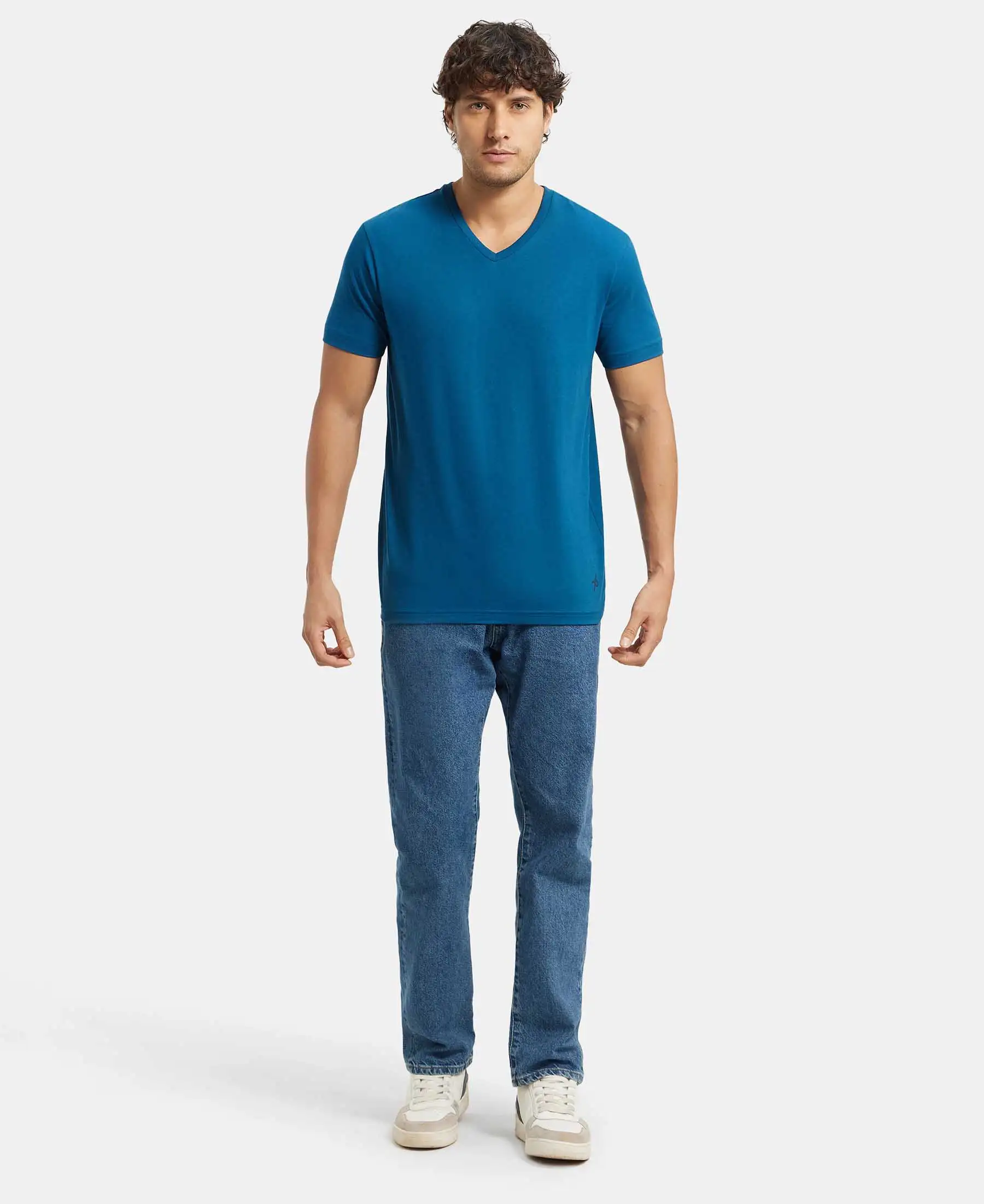 Super Combed Cotton Rich Solid V Neck Half Sleeve T-Shirt - Seaport Teal - Image 4