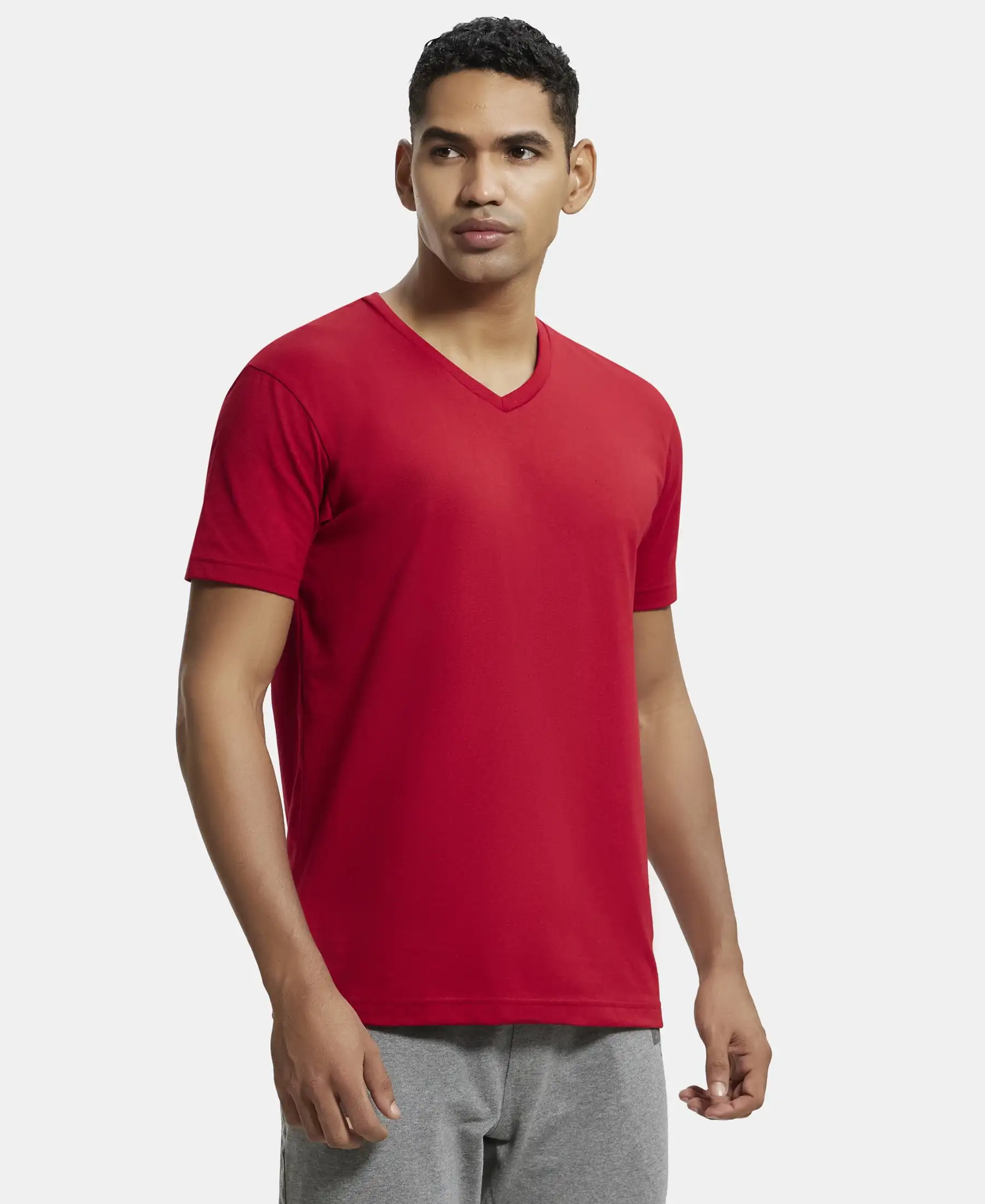 Super Combed Cotton Rich Solid V Neck Half Sleeve T-Shirt  - Shanghai Red - Image 2