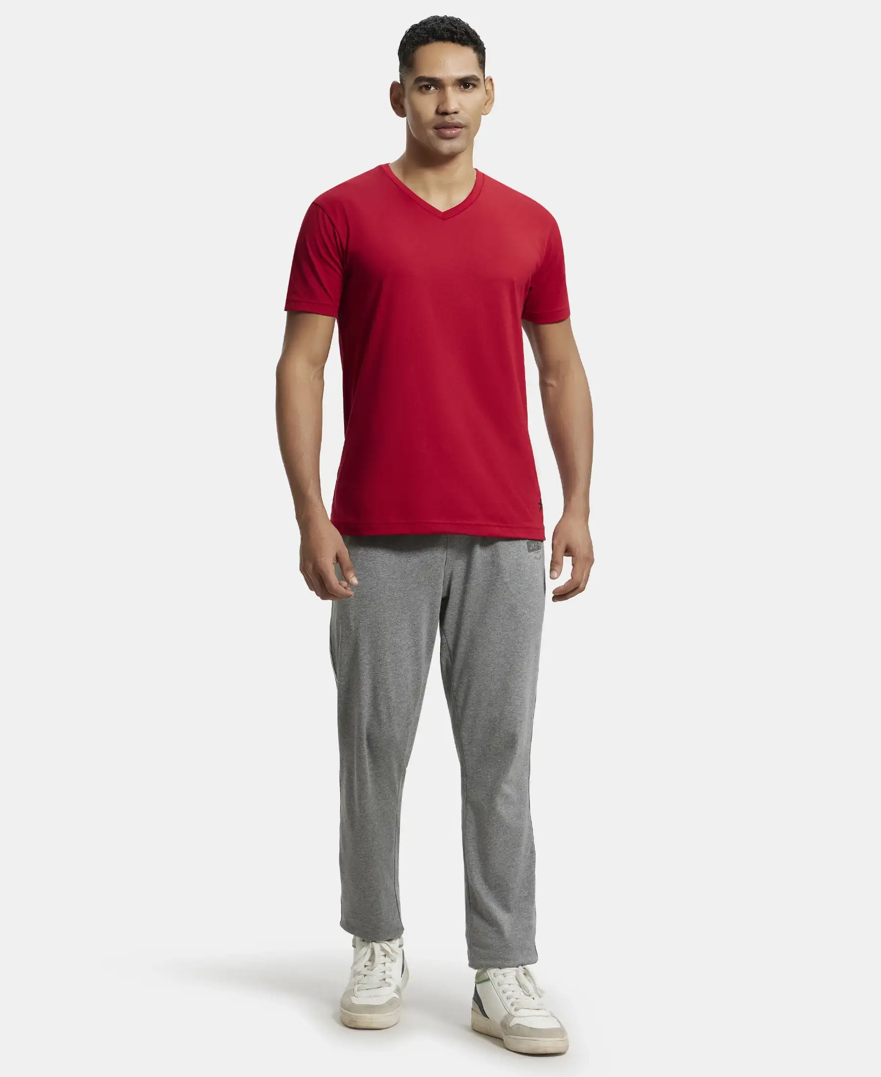 Super Combed Cotton Rich Solid V Neck Half Sleeve T-Shirt  - Shanghai Red - Image 4