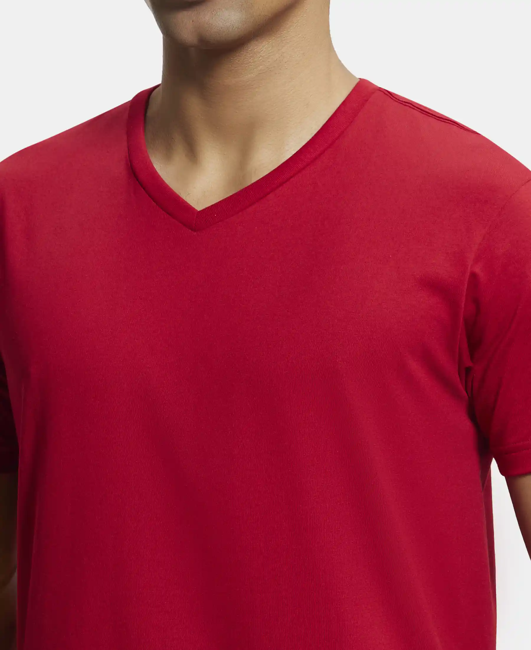 Super Combed Cotton Rich Solid V Neck Half Sleeve T-Shirt  - Shanghai Red - Image 6