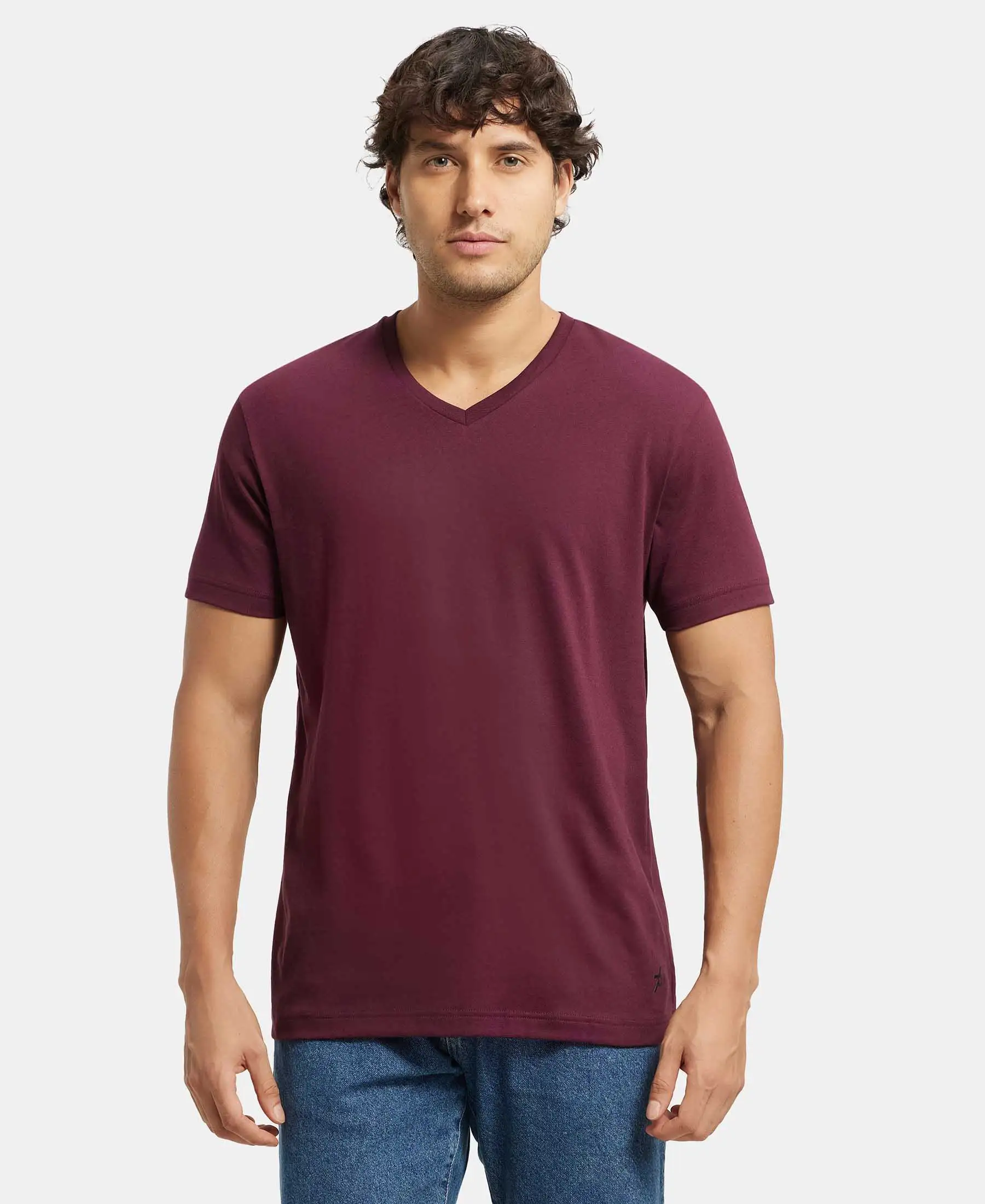 Super Combed Cotton Rich Solid V Neck Half Sleeve T-Shirt - Wine Tasting