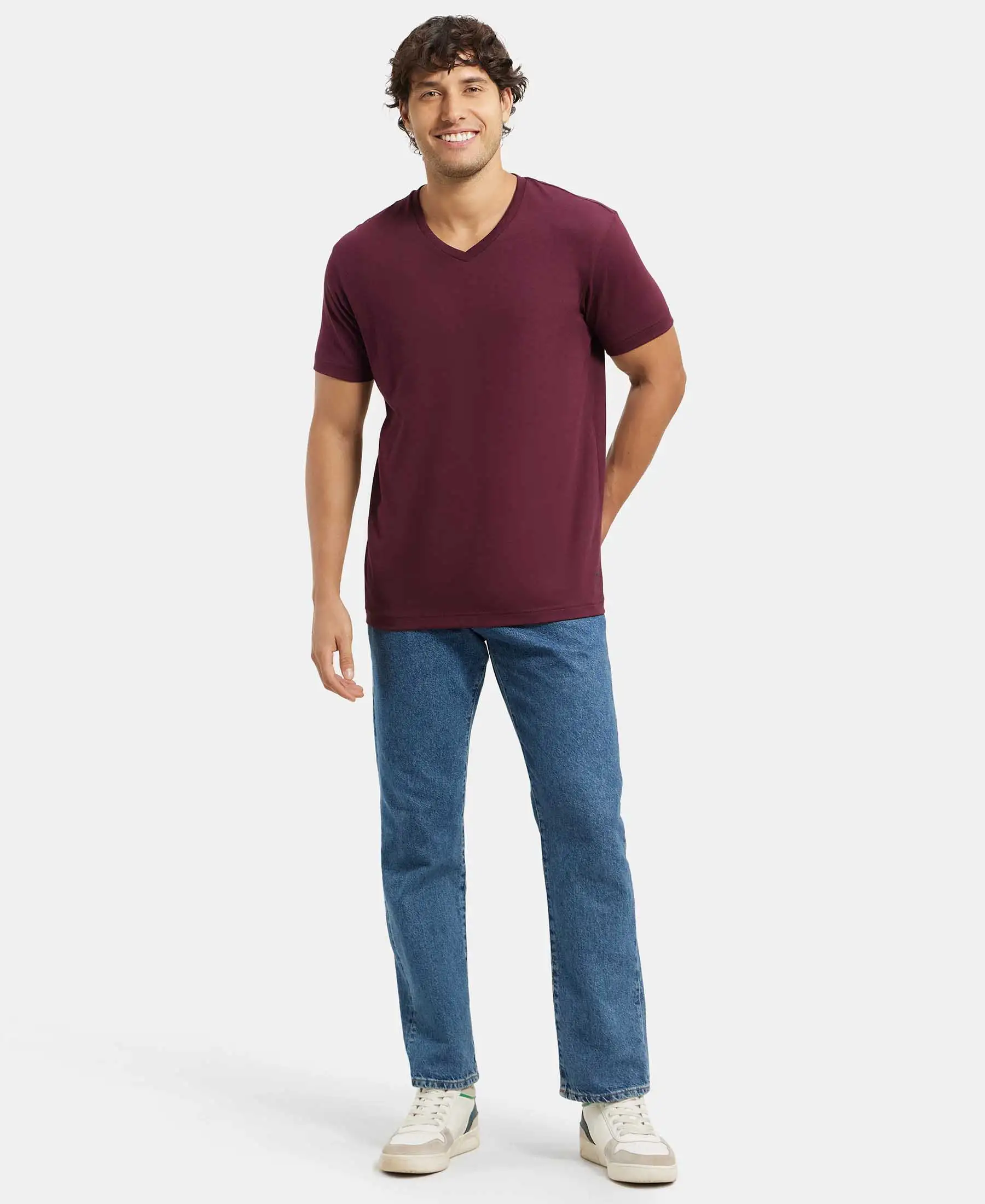 Super Combed Cotton Rich Solid V Neck Half Sleeve T-Shirt - Wine Tasting - Image 4