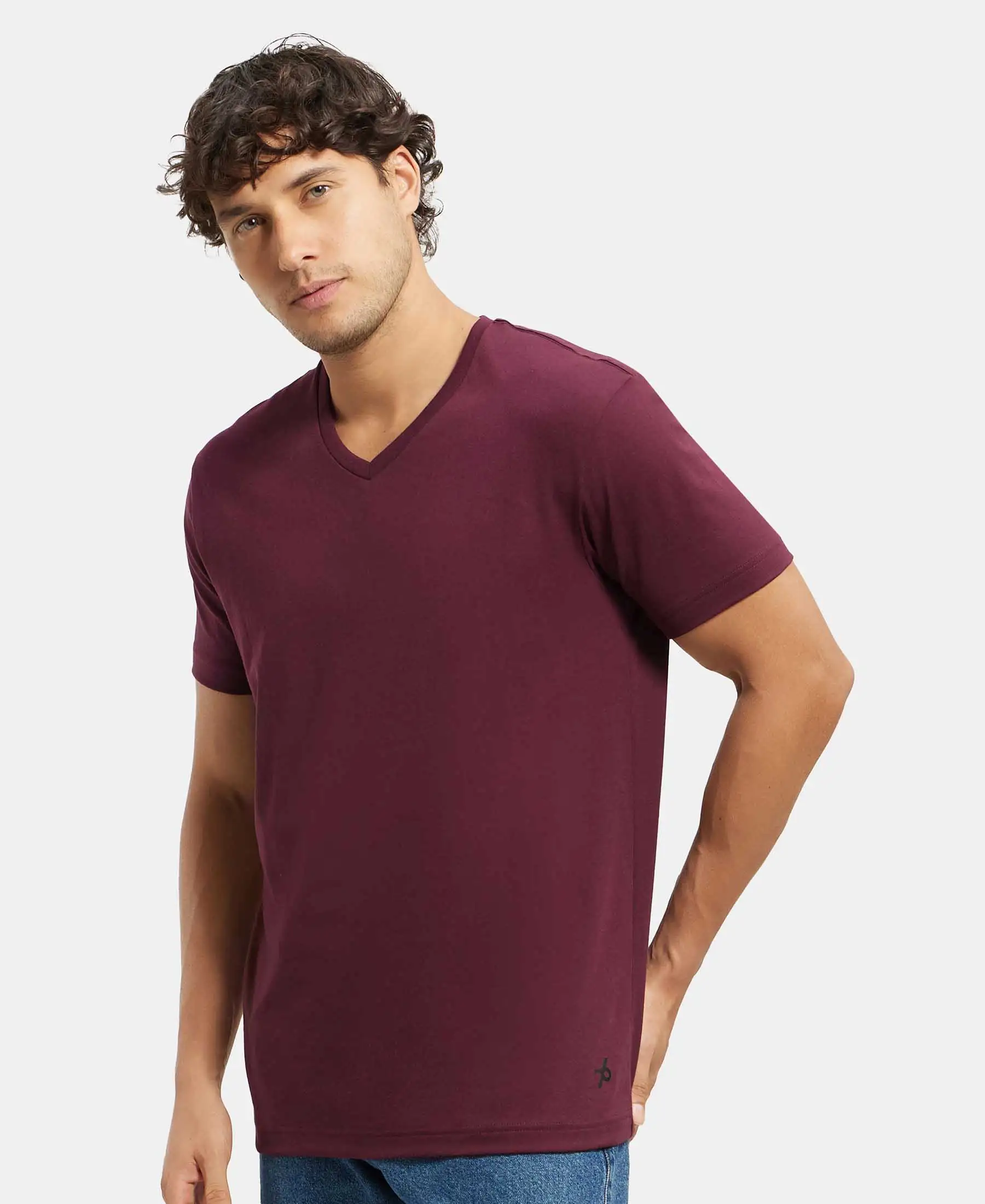 Super Combed Cotton Rich Solid V Neck Half Sleeve T-Shirt - Wine Tasting - Image 5