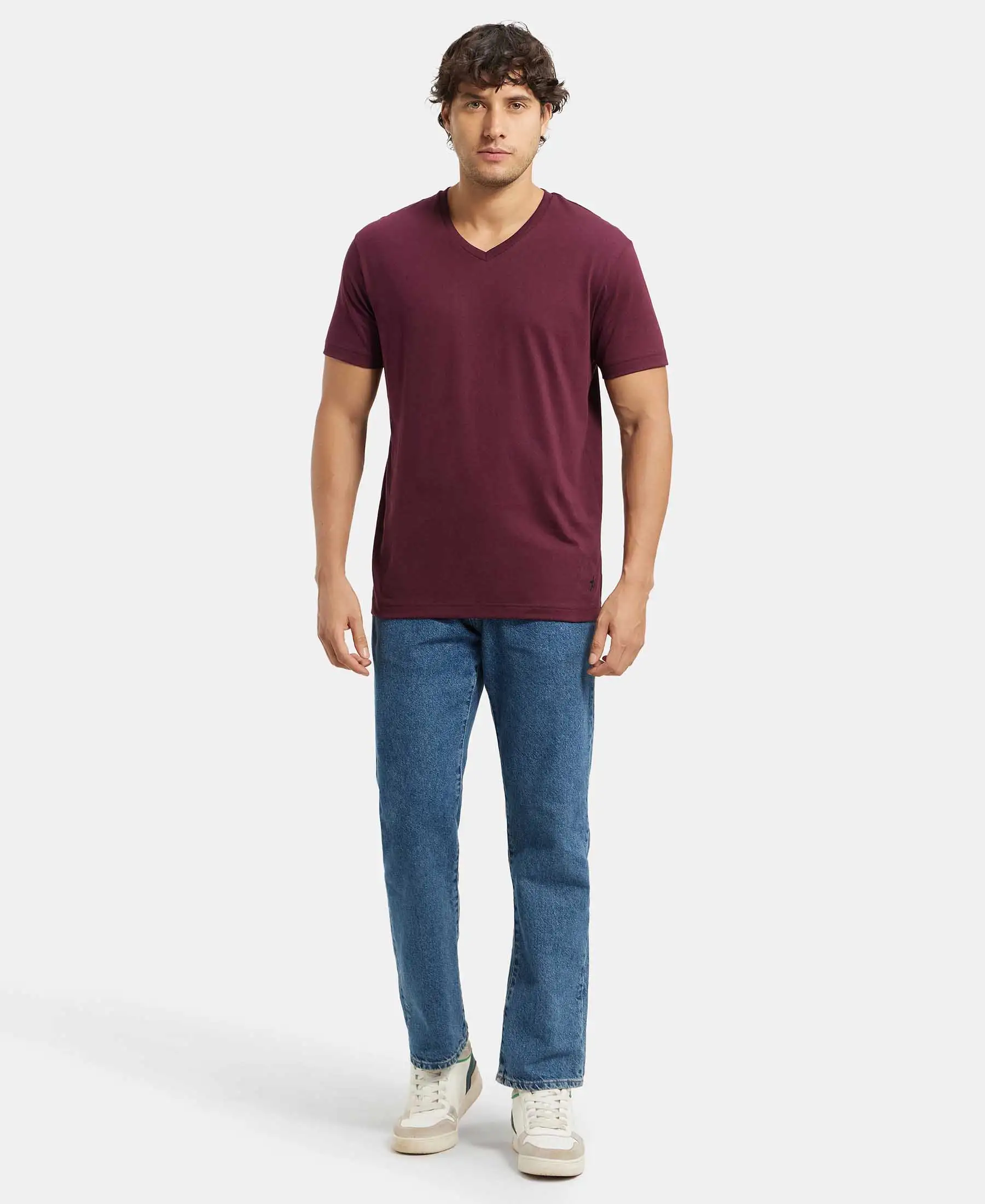 Super Combed Cotton Rich Solid V Neck Half Sleeve T-Shirt - Wine Tasting - Image 6