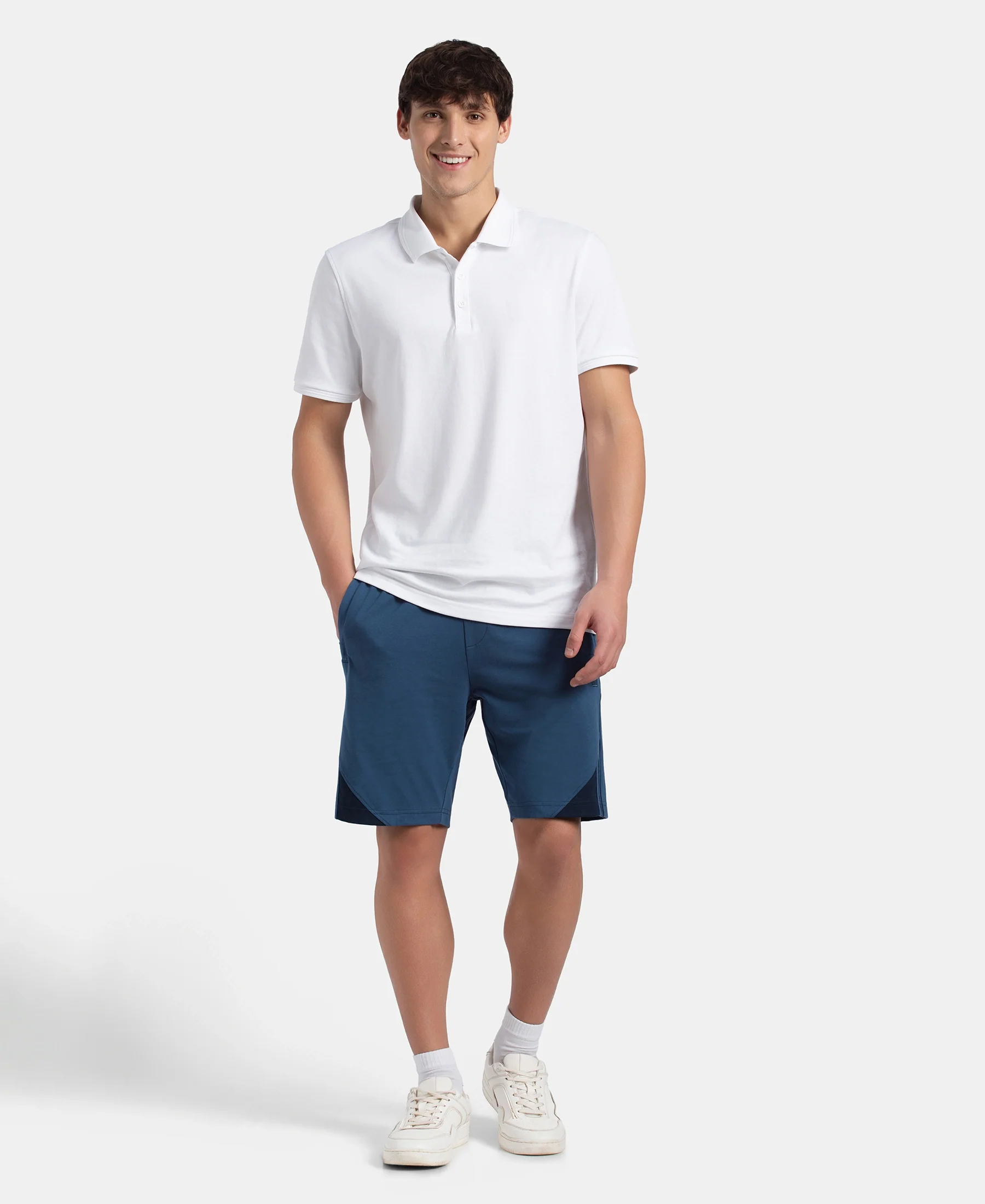 Super Combed Cotton Rich Straight Fit Shorts with Zipper Pockets - Ensign Blue & Navy - Image 6