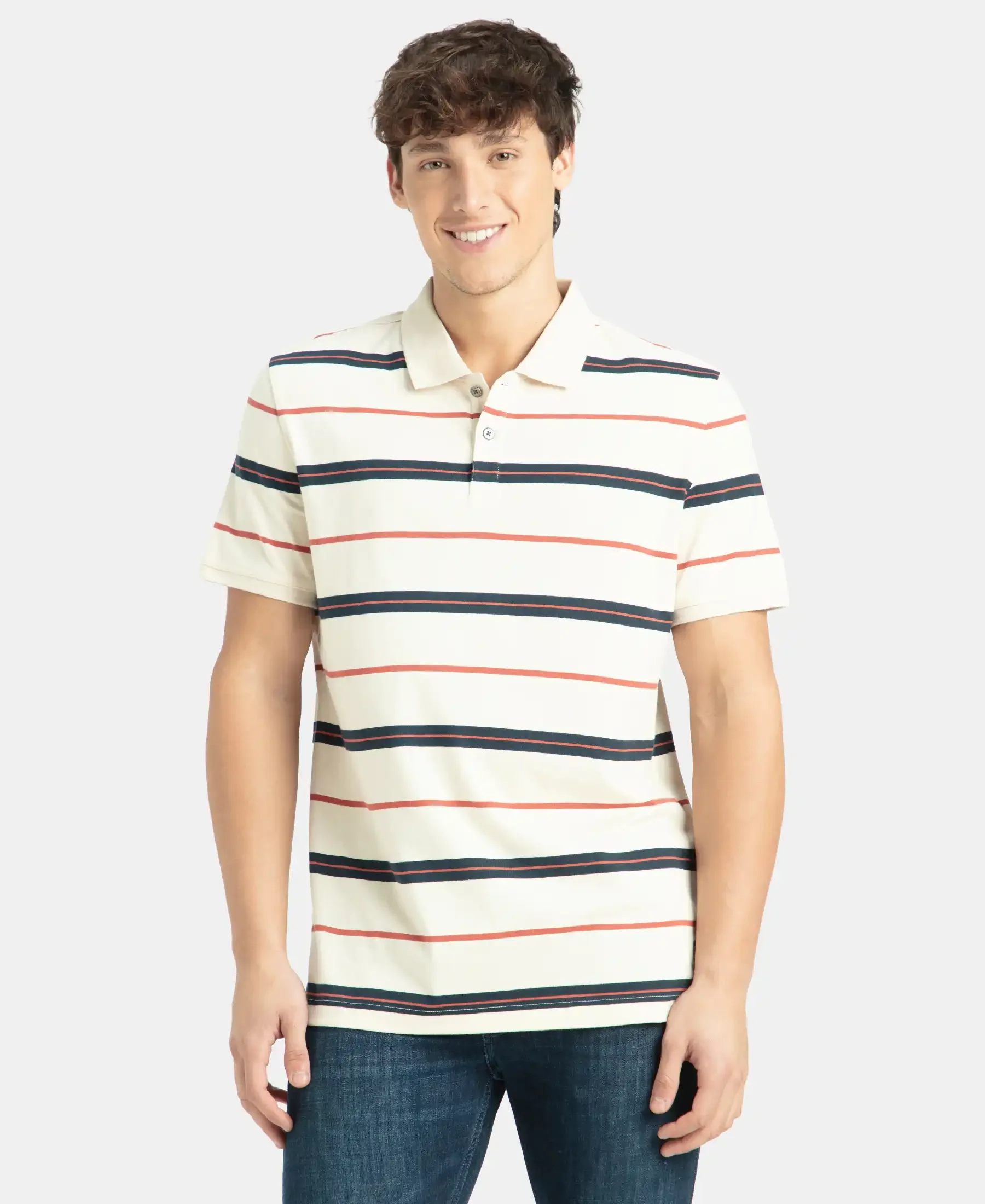 Super Combed Cotton Rich Striped Half Sleeve Polo T-Shirt - Almond Milk, Navy & Cinnabar