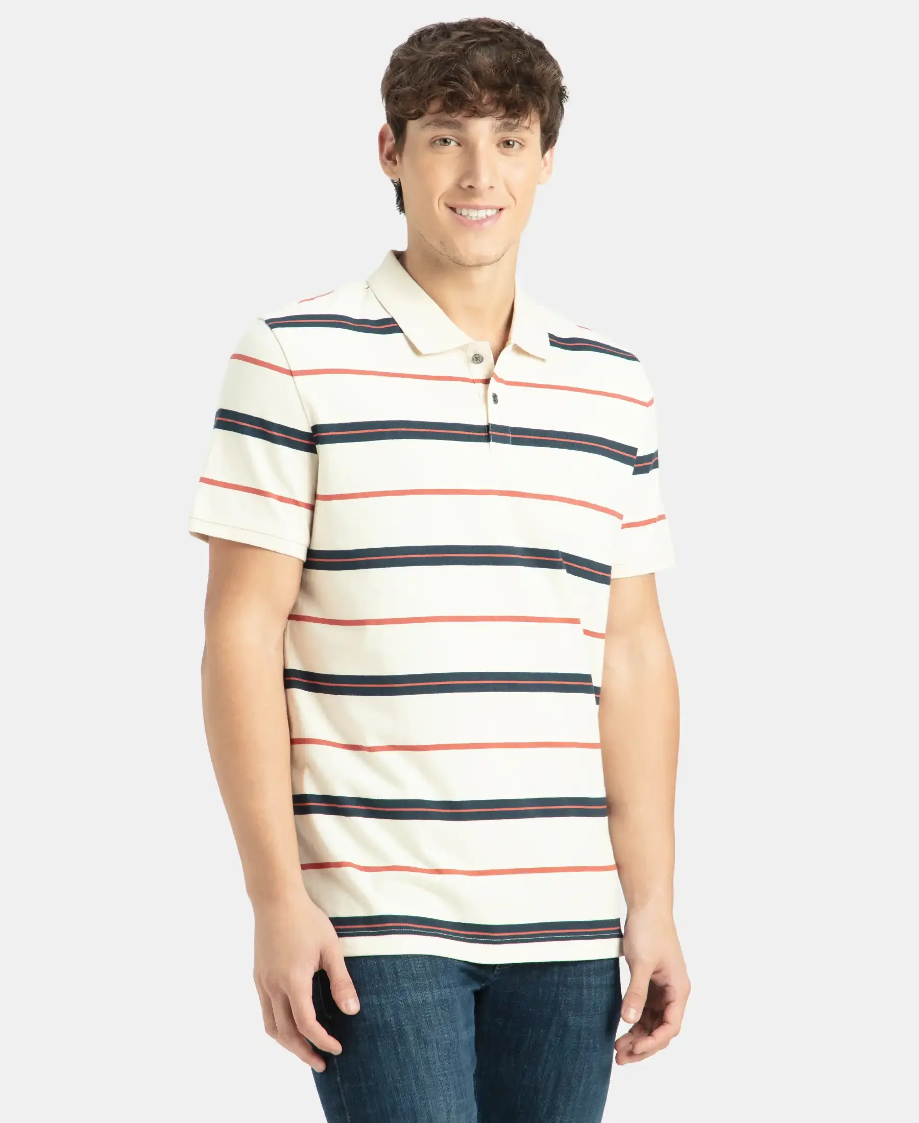 Super Combed Cotton Rich Striped Half Sleeve Polo T-Shirt - Almond Milk, Navy & Cinnabar - Image 2