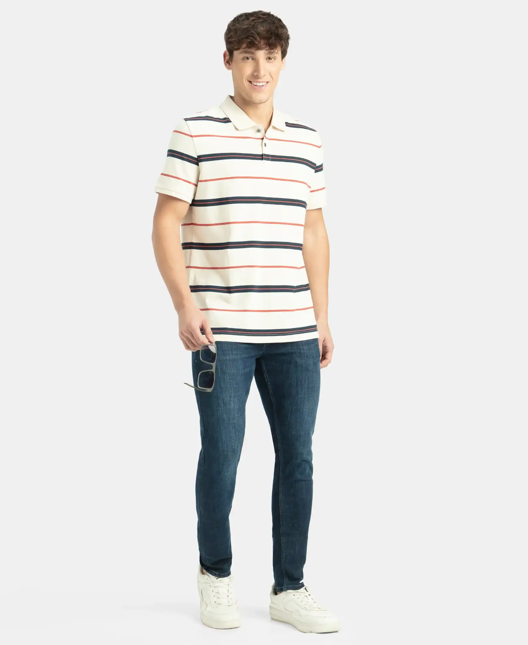 Super Combed Cotton Rich Striped Half Sleeve Polo T-Shirt - Almond Milk, Navy & Cinnabar - Image 6