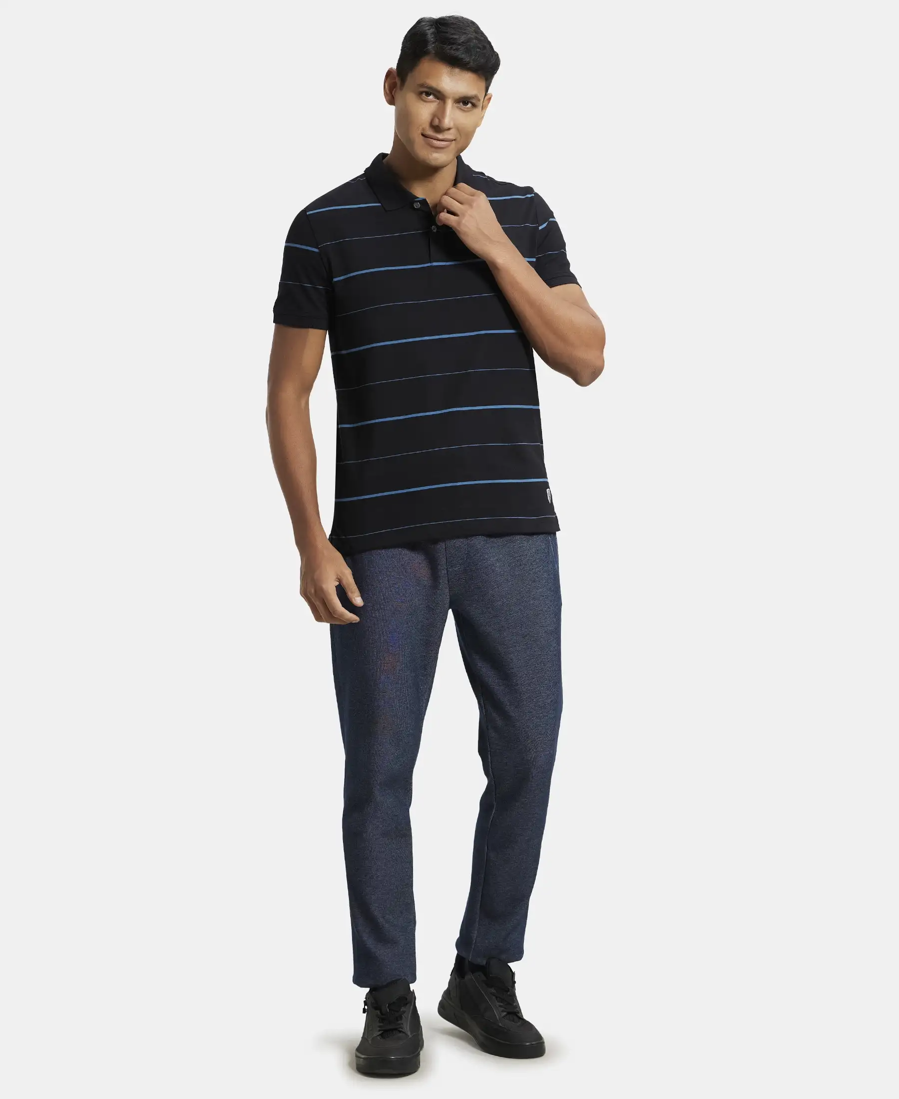 Super Combed Cotton Rich Striped Half Sleeve Polo T-Shirt - Black & Stellar - Image 4