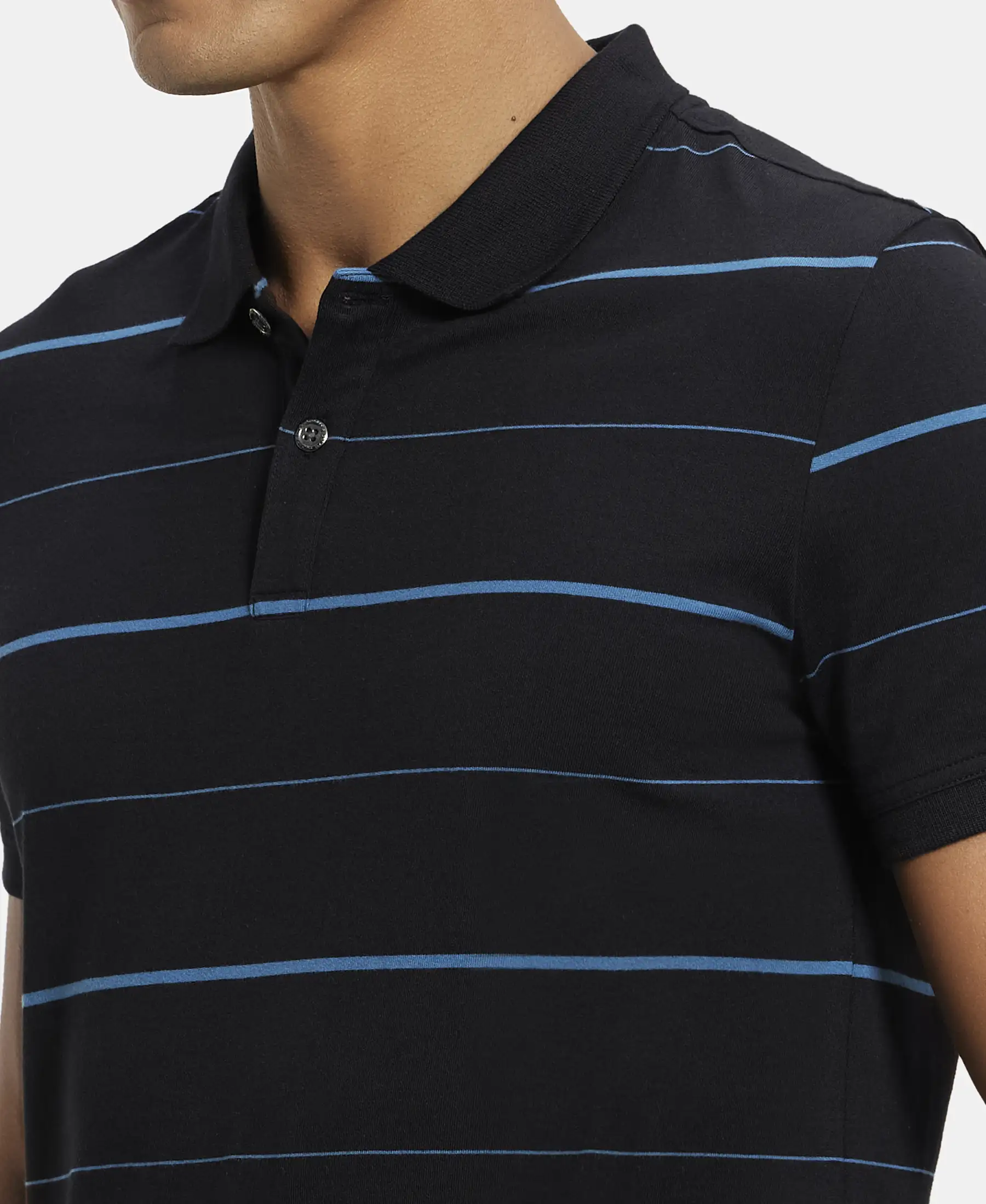 Super Combed Cotton Rich Striped Half Sleeve Polo T-Shirt - Black & Stellar - Image 6