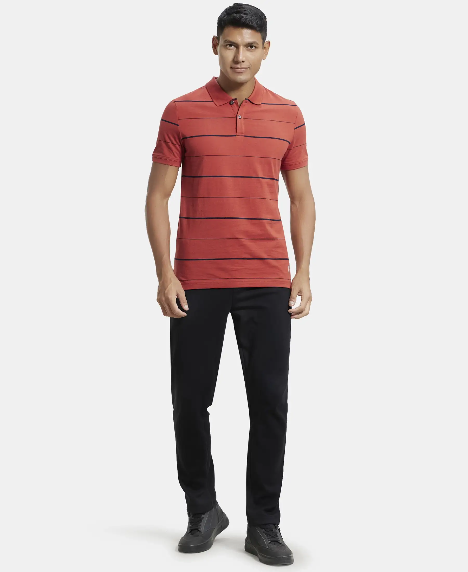 Super Combed Cotton Rich Striped Half Sleeve Polo T-Shirt - Cinnabar & Navy - Image 4