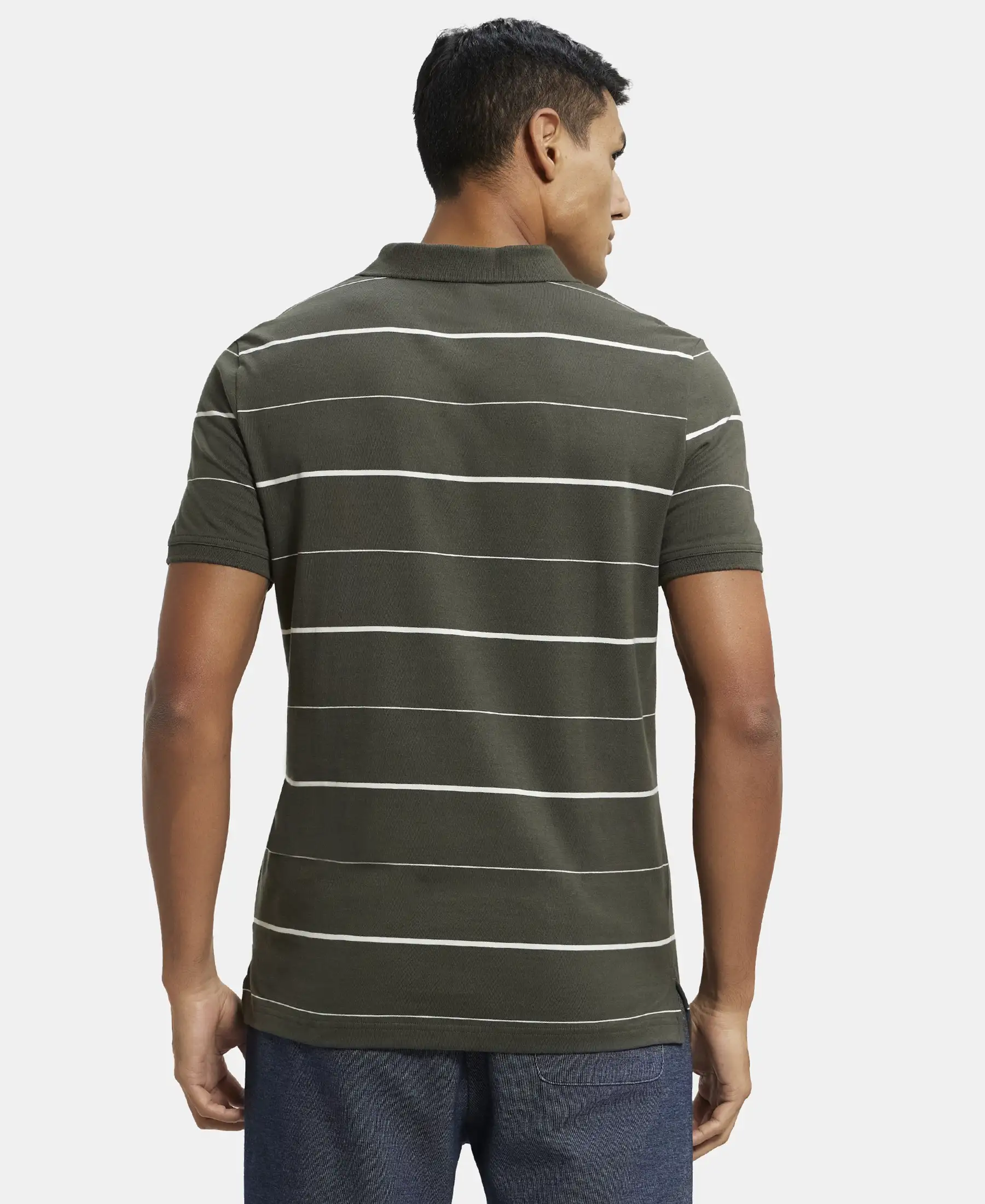 Super Combed Cotton Rich Striped Half Sleeve Polo T-Shirt - Deep Olive & Ecru - Image 3