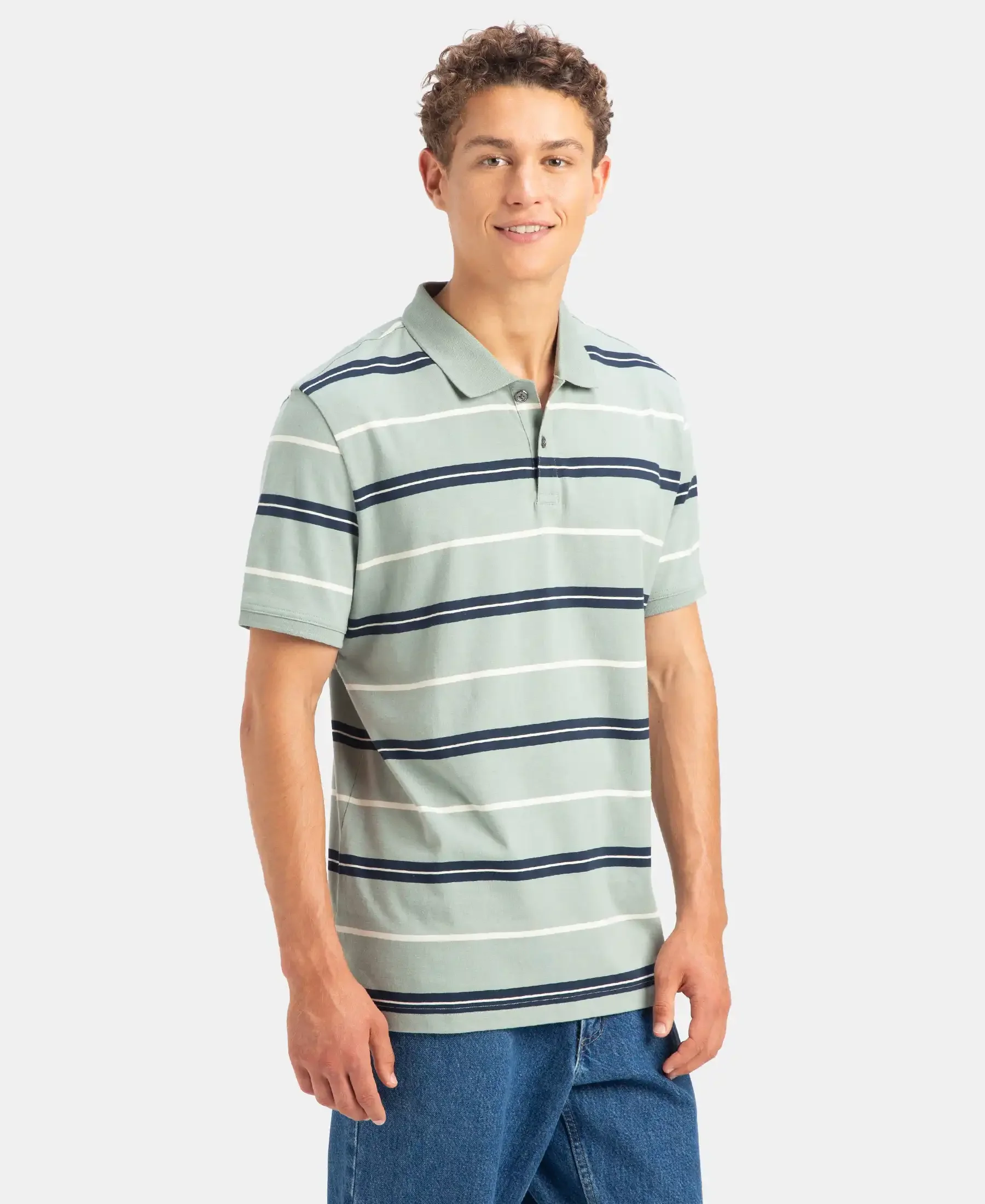 Super Combed Cotton Rich Striped Half Sleeve Polo T-Shirt - Iceberg Green, Navy & Almond - Image 2