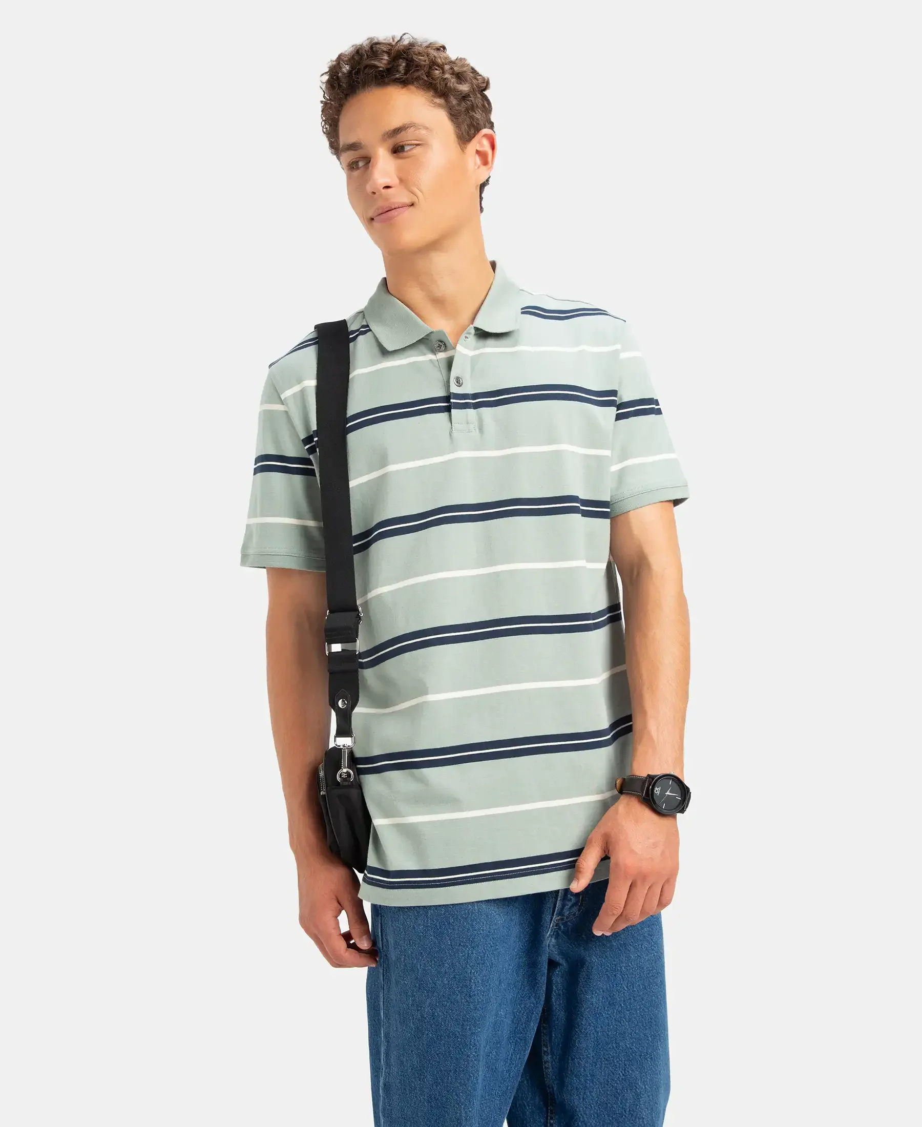 Super Combed Cotton Rich Striped Half Sleeve Polo T-Shirt - Iceberg Green, Navy & Almond - Image 5