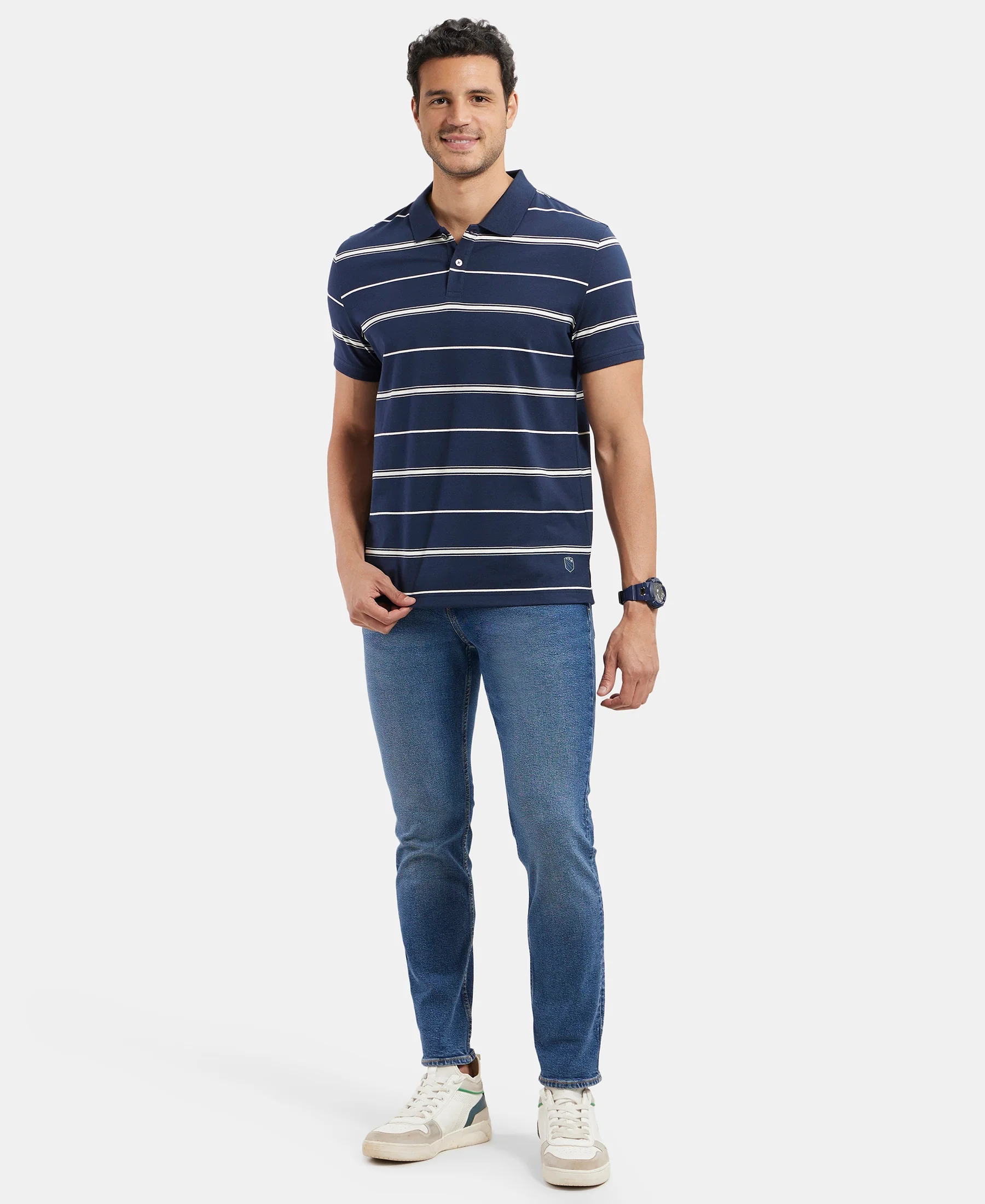 Super Combed Cotton Rich Striped Half Sleeve Polo T-Shirt - Navy & Ecru - Image 4