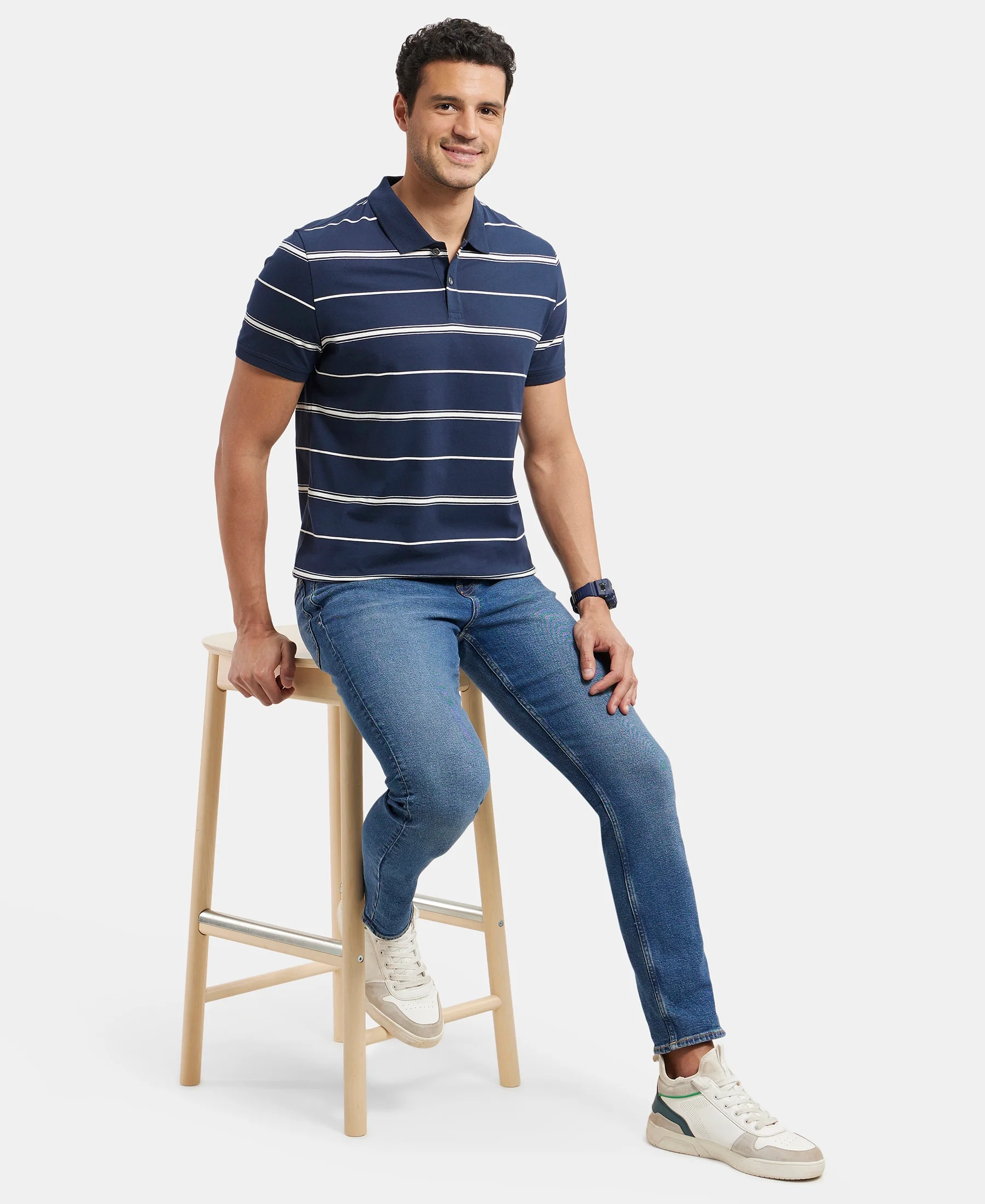 Super Combed Cotton Rich Striped Half Sleeve Polo T-Shirt - Navy & Ecru - Image 5
