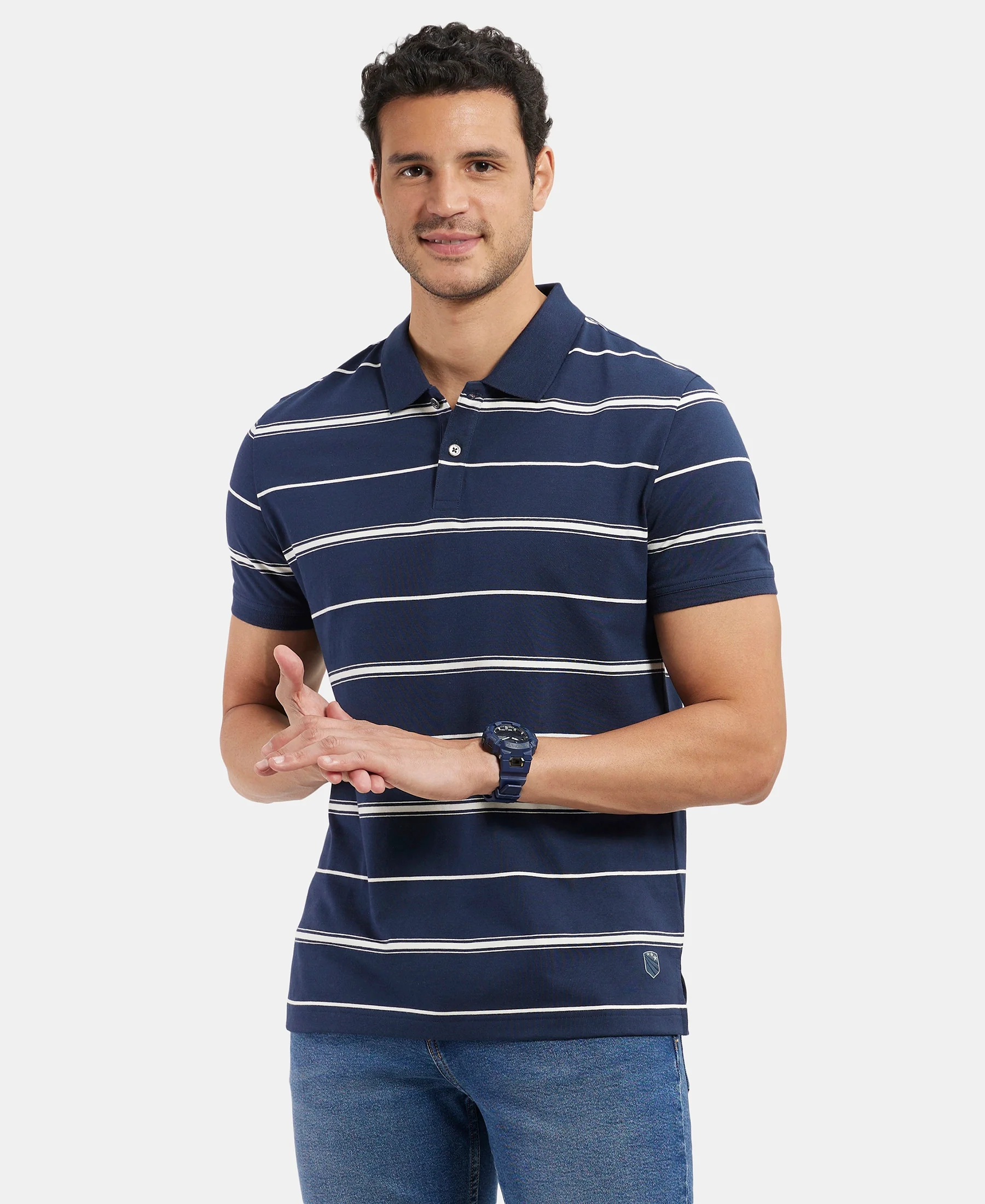 Super Combed Cotton Rich Striped Half Sleeve Polo T-Shirt - Navy & Ecru - Image 6