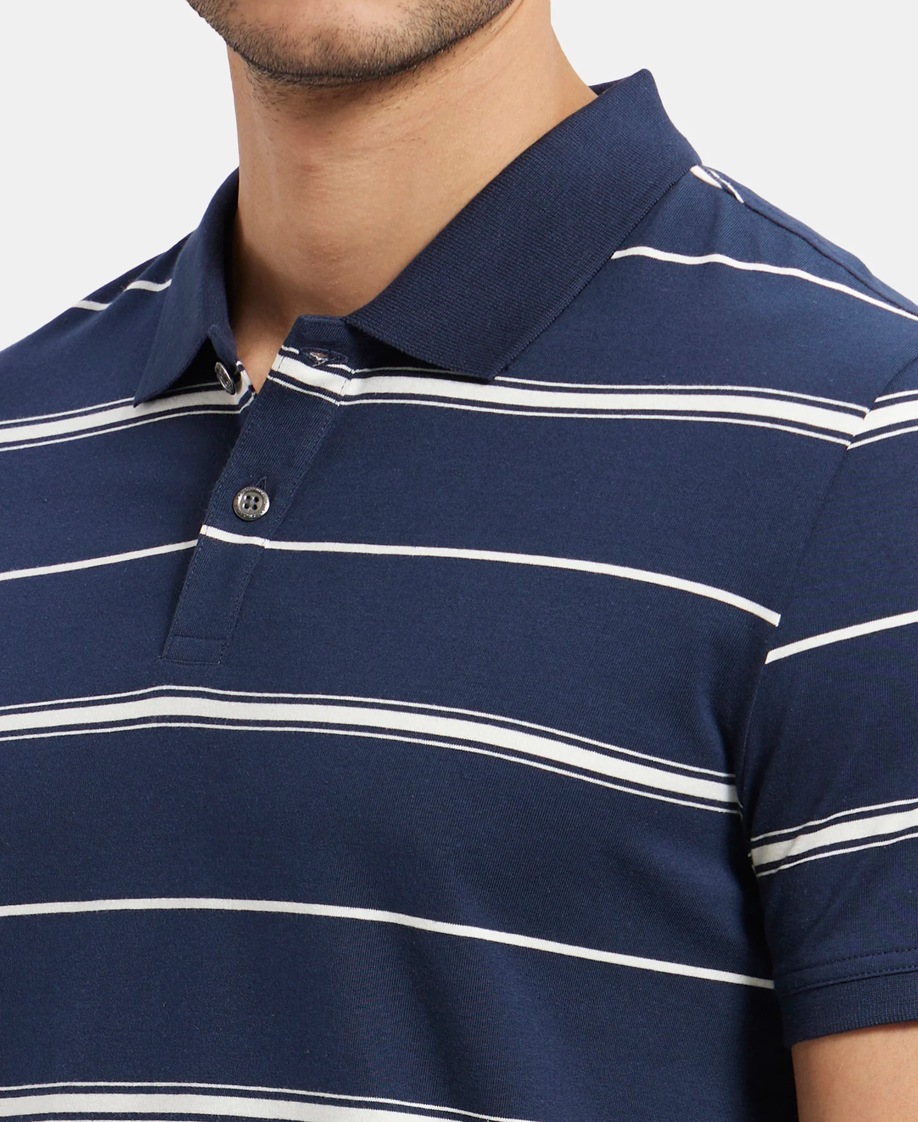 Super Combed Cotton Rich Striped Half Sleeve Polo T-Shirt - Navy & Ecru - Image 7