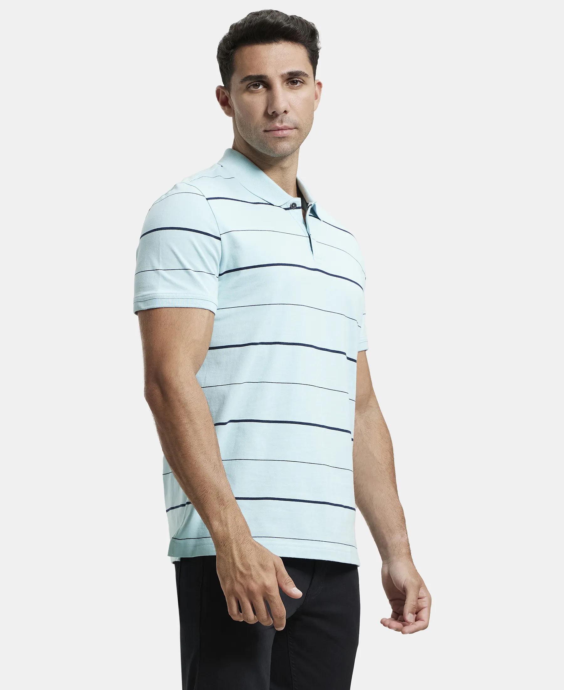 Super Combed Cotton Rich Striped Half Sleeve Polo T-Shirt - Sea Angel & Navy - Image 2