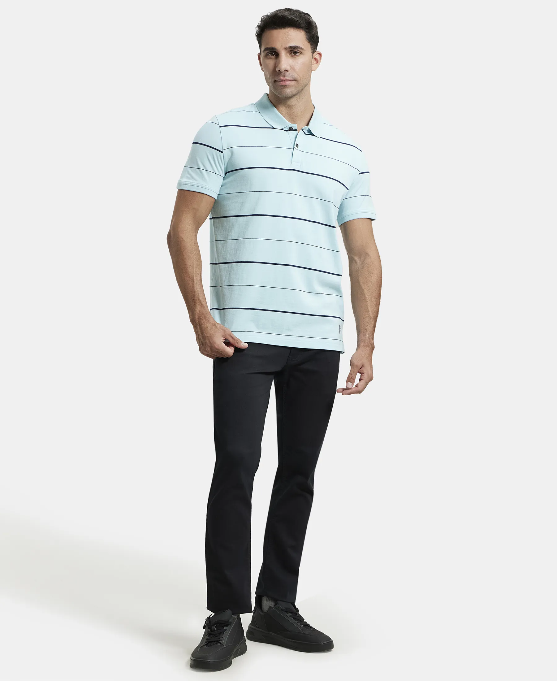Super Combed Cotton Rich Striped Half Sleeve Polo T-Shirt - Sea Angel & Navy - Image 4