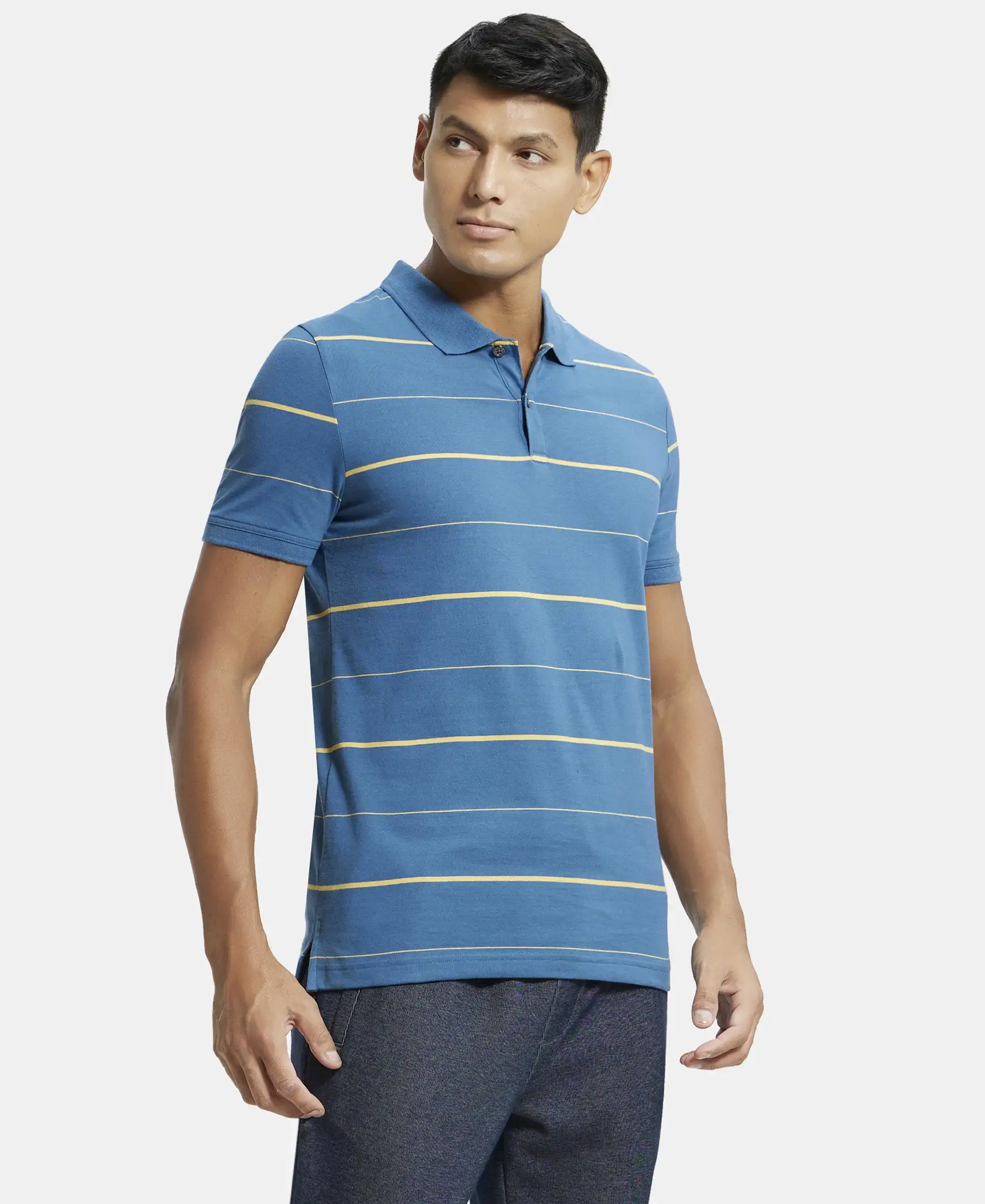 Super Combed Cotton Rich Striped Half Sleeve Polo T-Shirt - Stellar & Corn Silk - Image 2