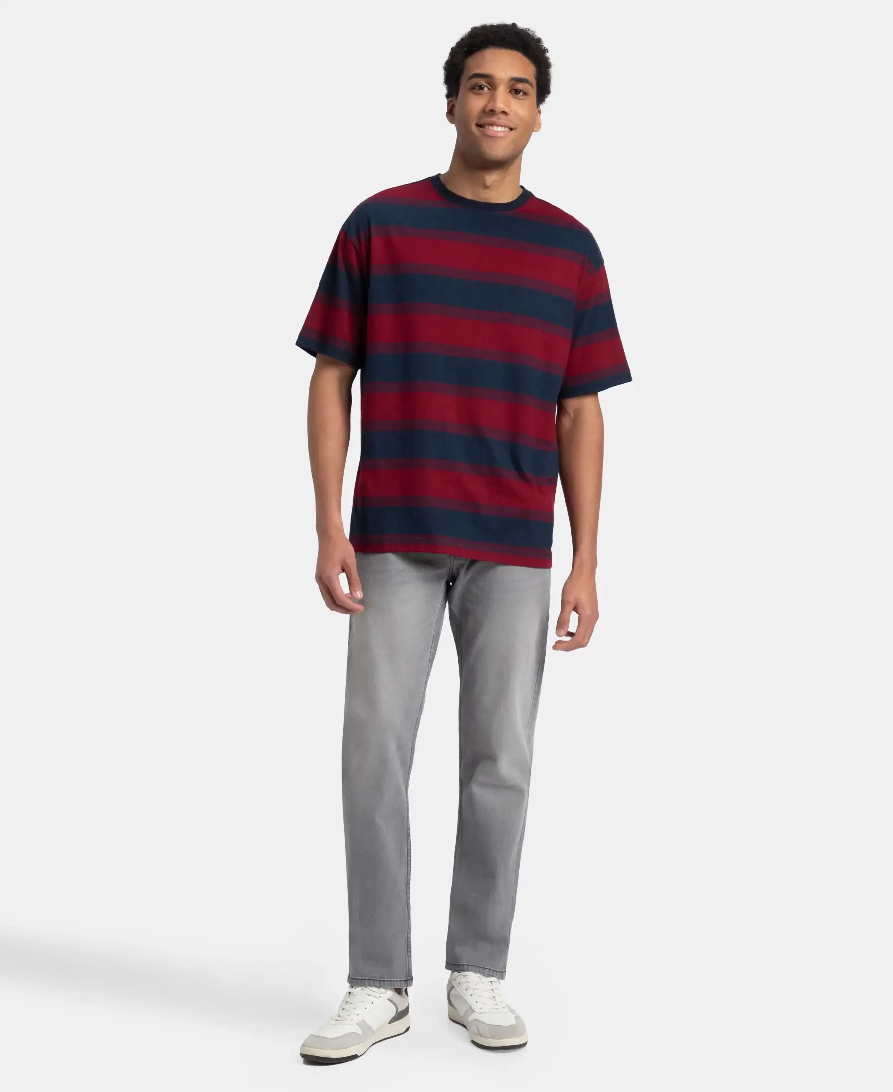 Super Combed Cotton Rich Striped Oversized T-Shirt - Deep Red & Navy - Image 4
