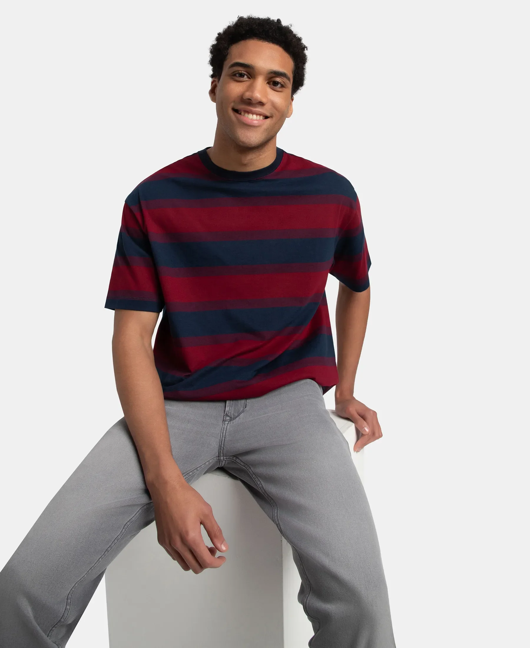 Super Combed Cotton Rich Striped Oversized T-Shirt - Deep Red & Navy - Image 5