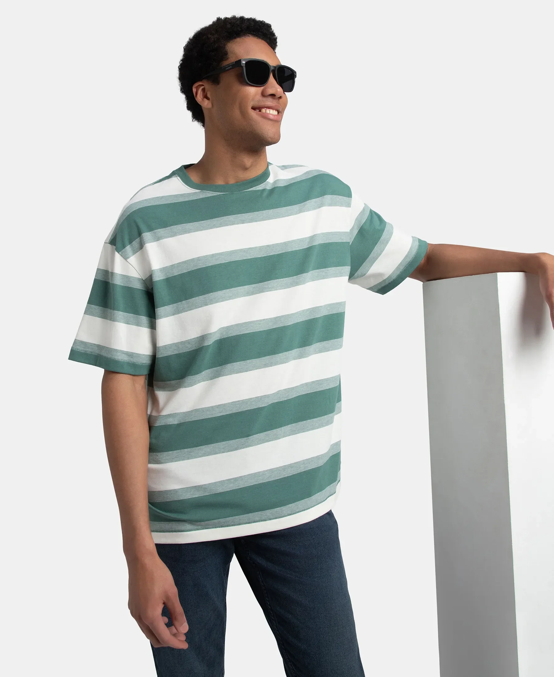 Super Combed Cotton Rich Striped Oversized T-Shirt - Ecru & Green Spruce - Image 5