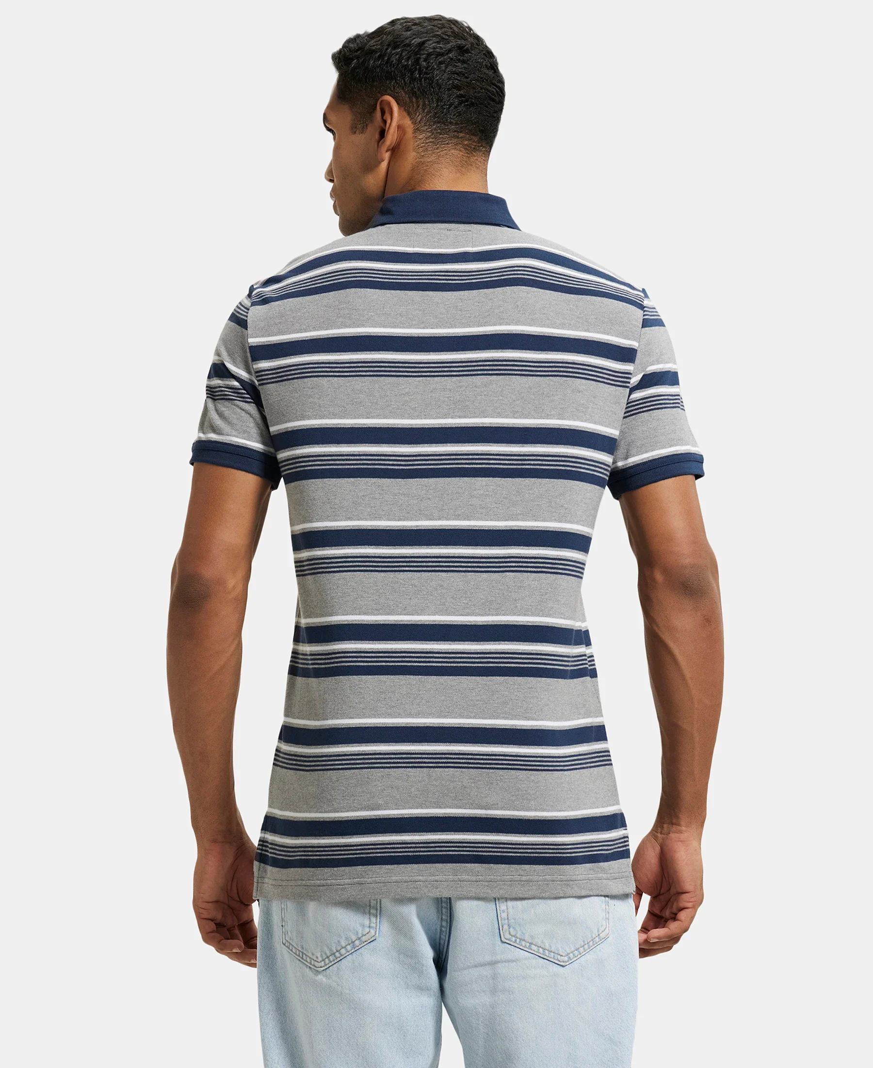 Super Combed Cotton Rich Striped Polo T-Shirt - Grey Melange & Navy - Image 2