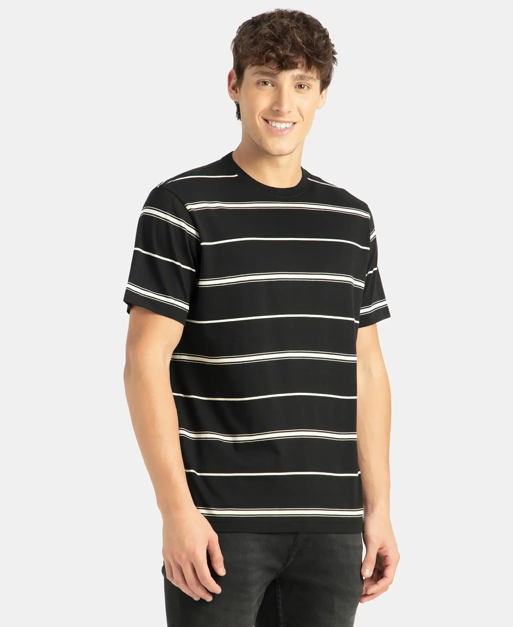 Super Combed Cotton Rich Striped Round Neck Half Sleeve T-Shirt - Black & Ecru - Image 2