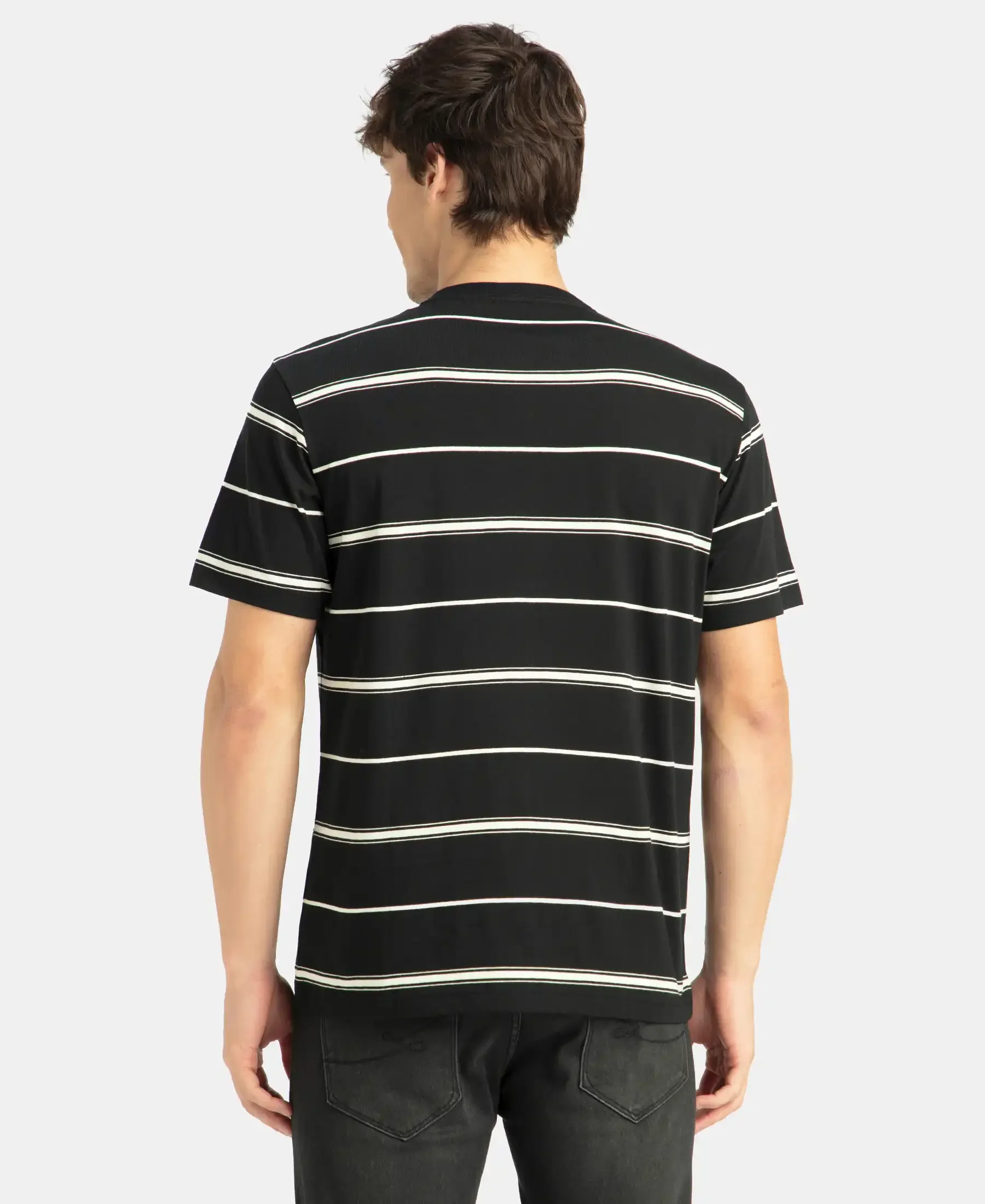 Super Combed Cotton Rich Striped Round Neck Half Sleeve T-Shirt - Black & Ecru - Image 3