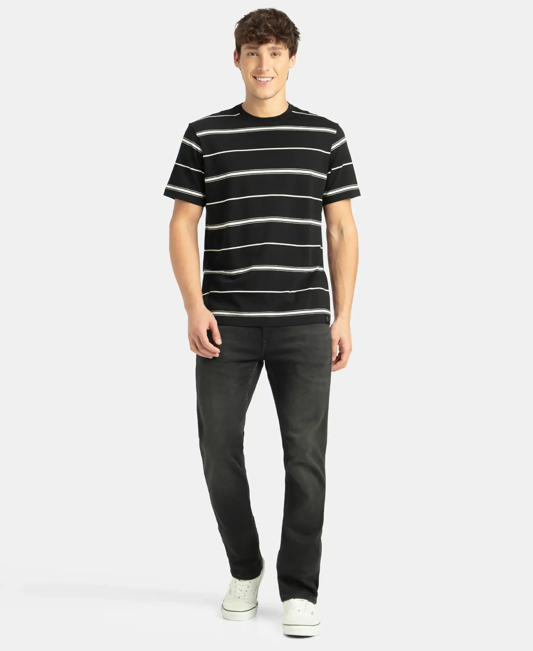 Super Combed Cotton Rich Striped Round Neck Half Sleeve T-Shirt - Black & Ecru - Image 4