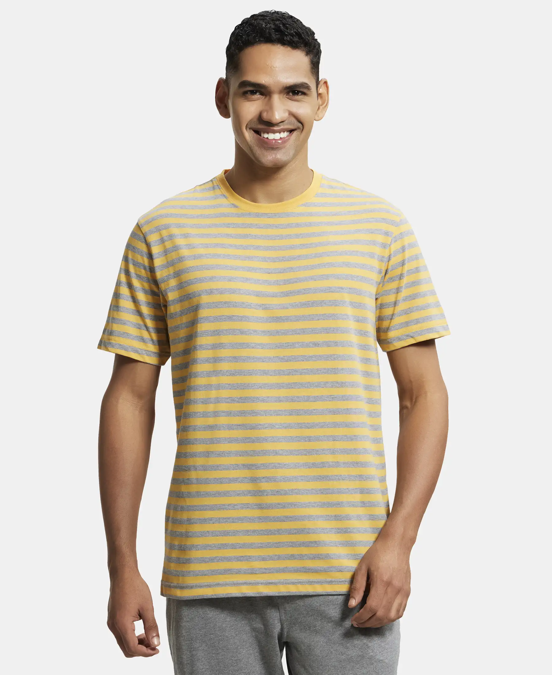 Super Combed Cotton Rich Striped Round Neck Half Sleeve T-Shirt - Burnt Gold & Grey