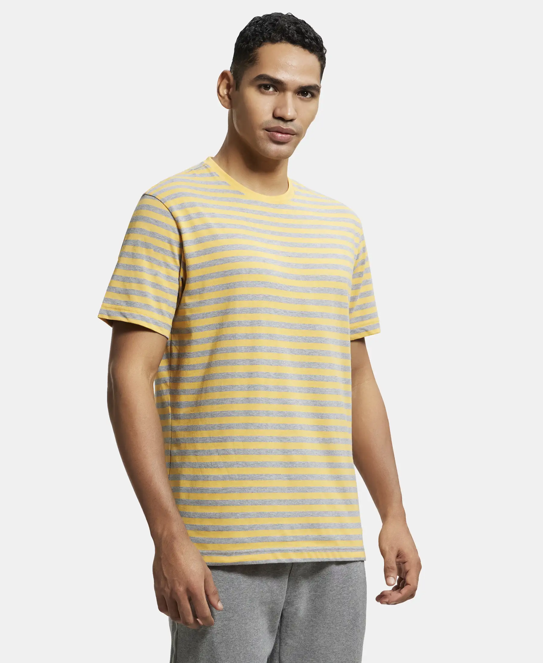 Super Combed Cotton Rich Striped Round Neck Half Sleeve T-Shirt - Burnt Gold & Grey - Image 2