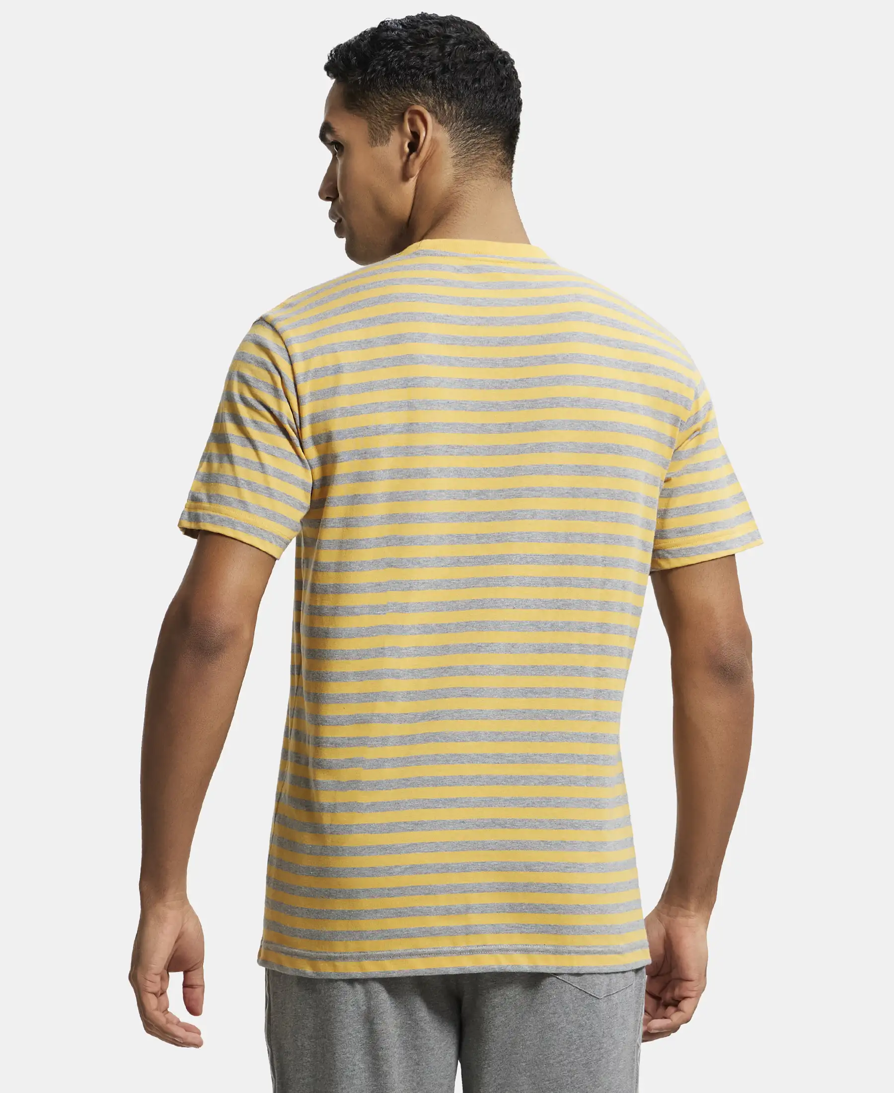 Super Combed Cotton Rich Striped Round Neck Half Sleeve T-Shirt - Burnt Gold & Grey - Image 3