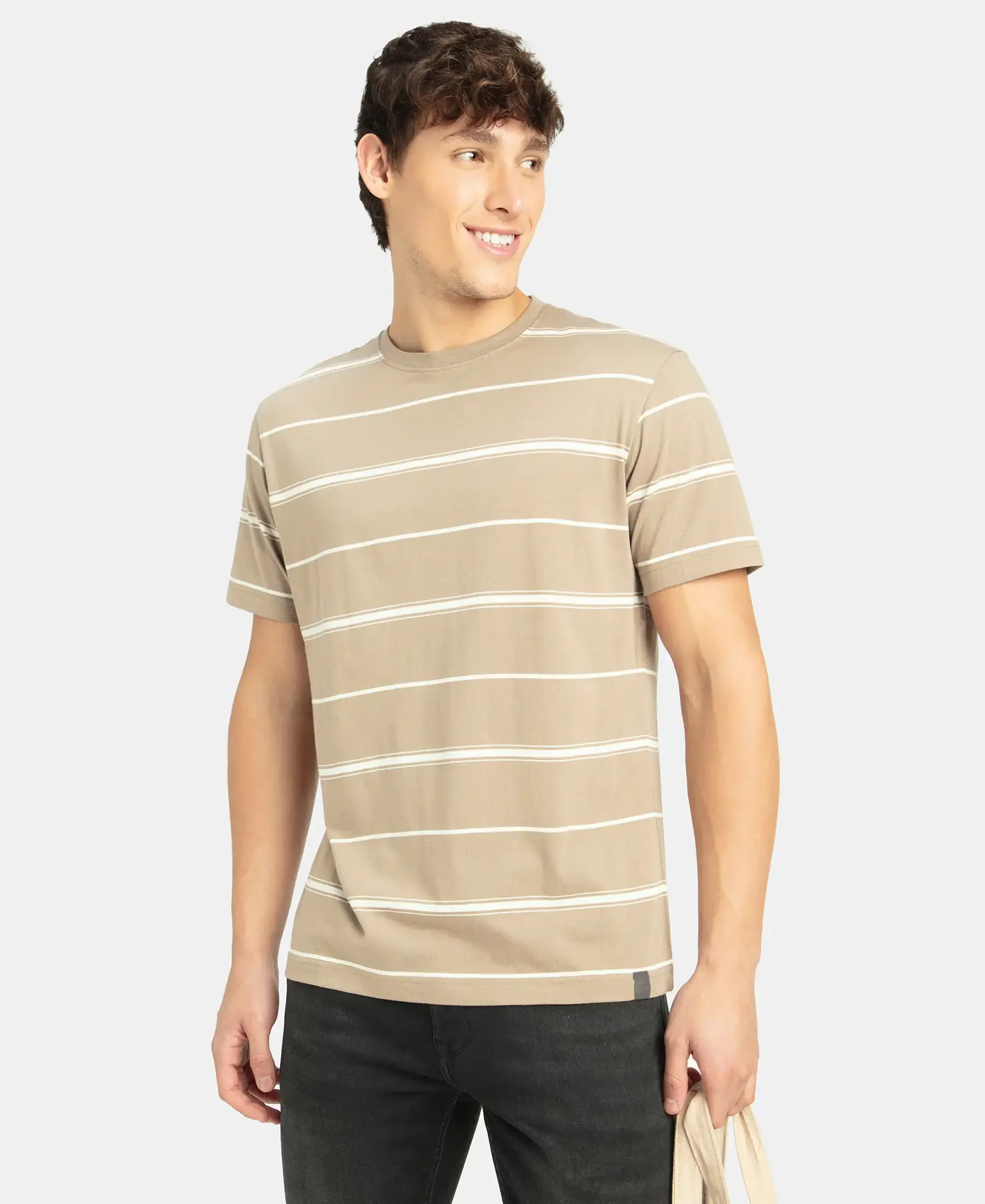 Super Combed Cotton Rich Striped Round Neck Half Sleeve T-Shirt - Desert Taupe & Ecru - Image 5