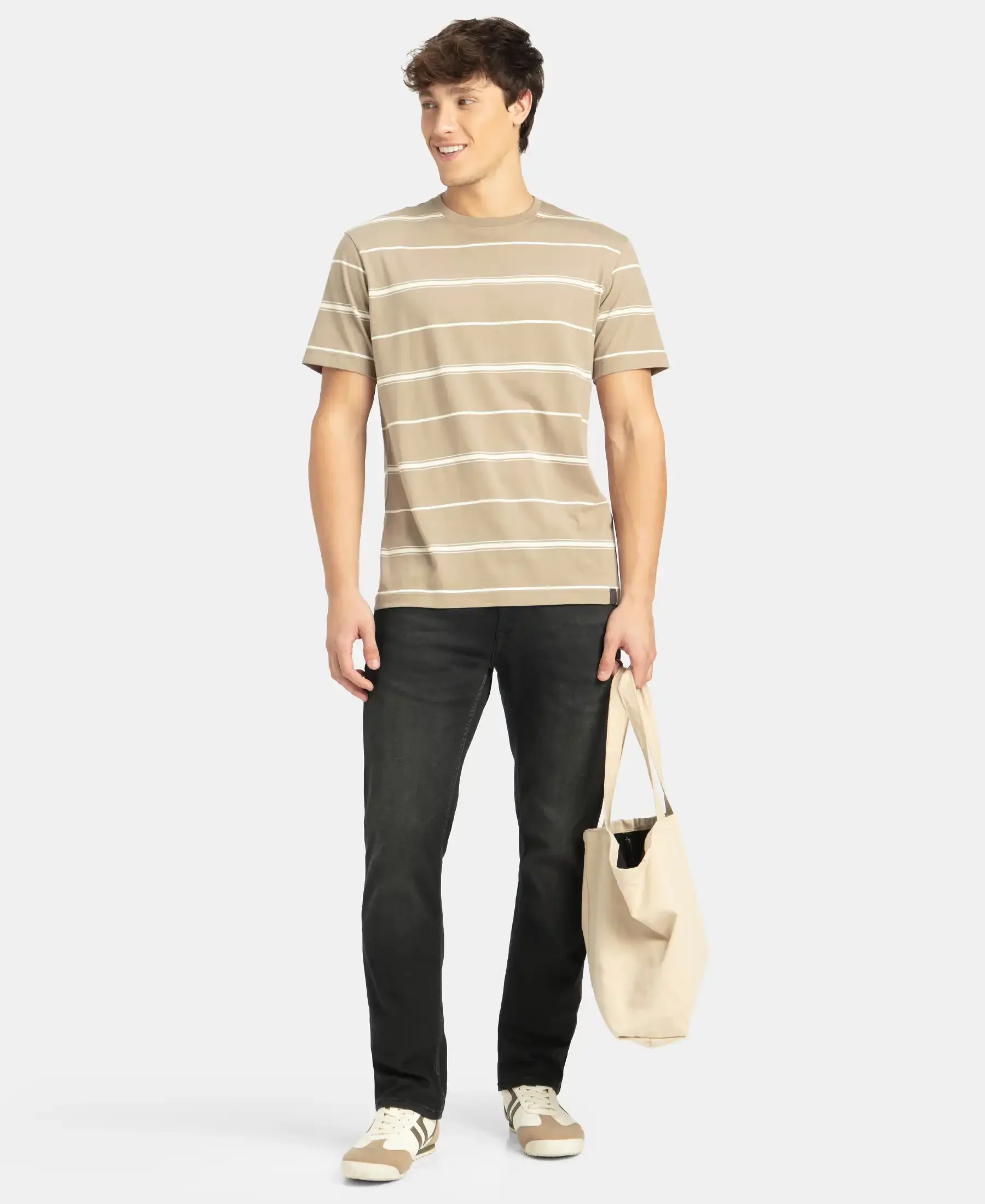 Super Combed Cotton Rich Striped Round Neck Half Sleeve T-Shirt - Desert Taupe & Ecru - Image 6