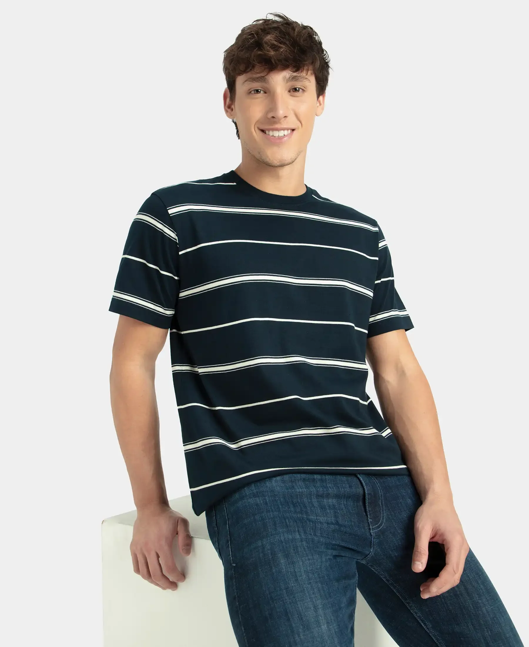 Super Combed Cotton Rich Striped Round Neck Half Sleeve T-Shirt - Navy & Ecru - Image 5