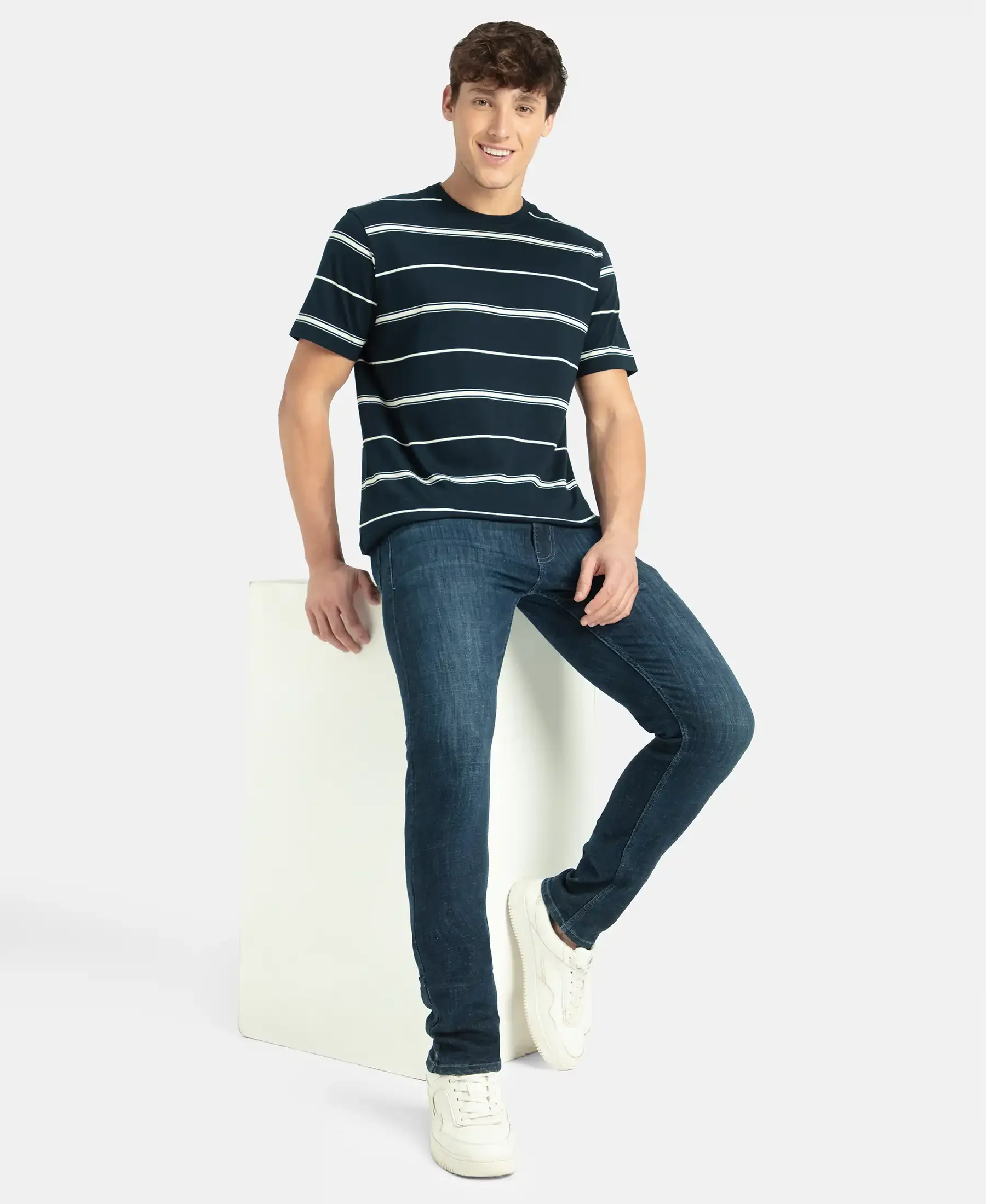 Super Combed Cotton Rich Striped Round Neck Half Sleeve T-Shirt - Navy & Ecru - Image 6