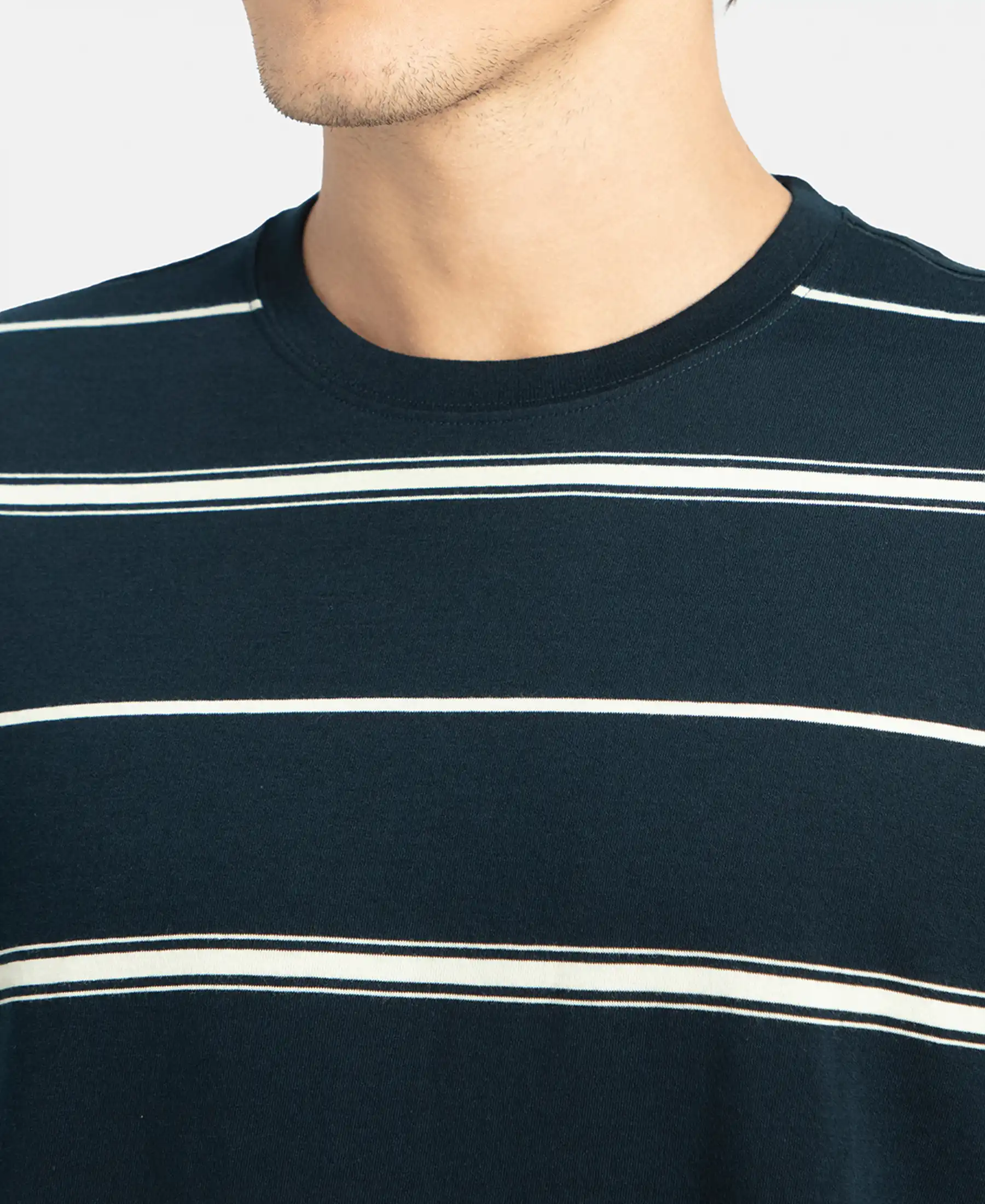 Super Combed Cotton Rich Striped Round Neck Half Sleeve T-Shirt - Navy & Ecru - Image 7