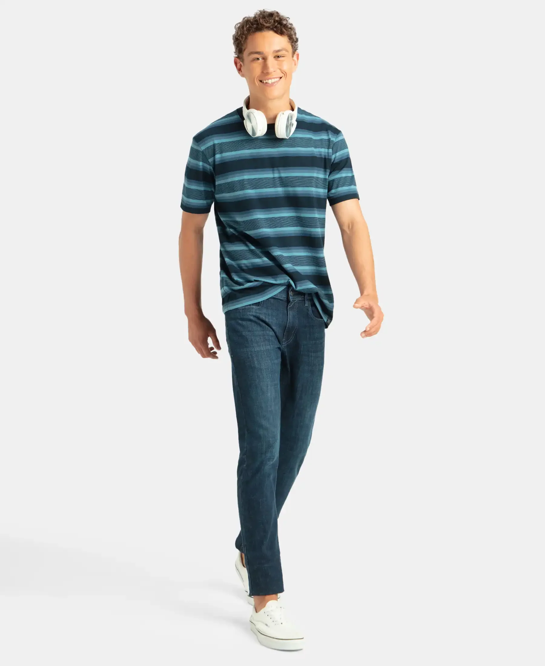 Super Combed Cotton Rich Striped Round Neck Half Sleeve T-Shirt - Navy, Insignia Blue & Stellar - Image 6