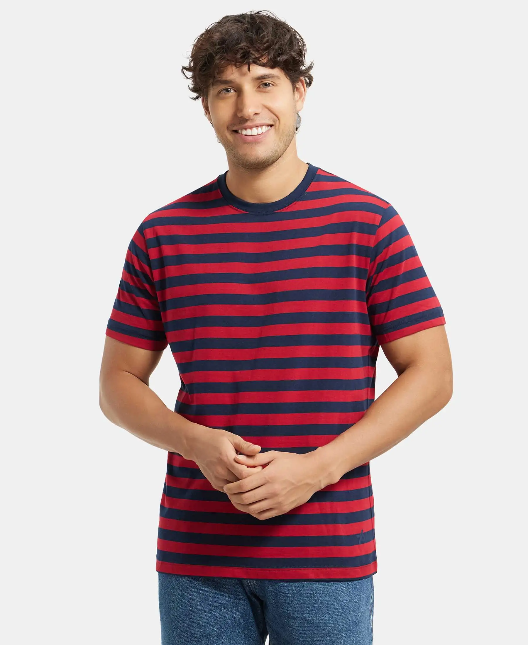 Super Combed Cotton Rich Striped Round Neck Half Sleeve T-Shirt - Navy & Shanghai Red